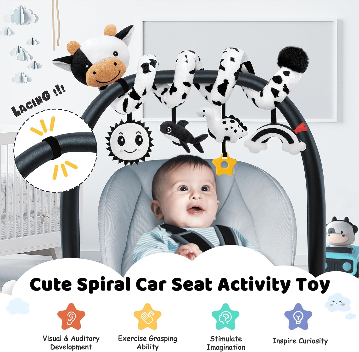 Spiral Car Seat Baby Toys 0-6 Months, Infant Carseat High Contrast Sensory Toys Hanging Stroller Accessories, Newborn Shower Gifts for Baby Boys Essentials Stuff, Cute Black and White Cow - Image 8