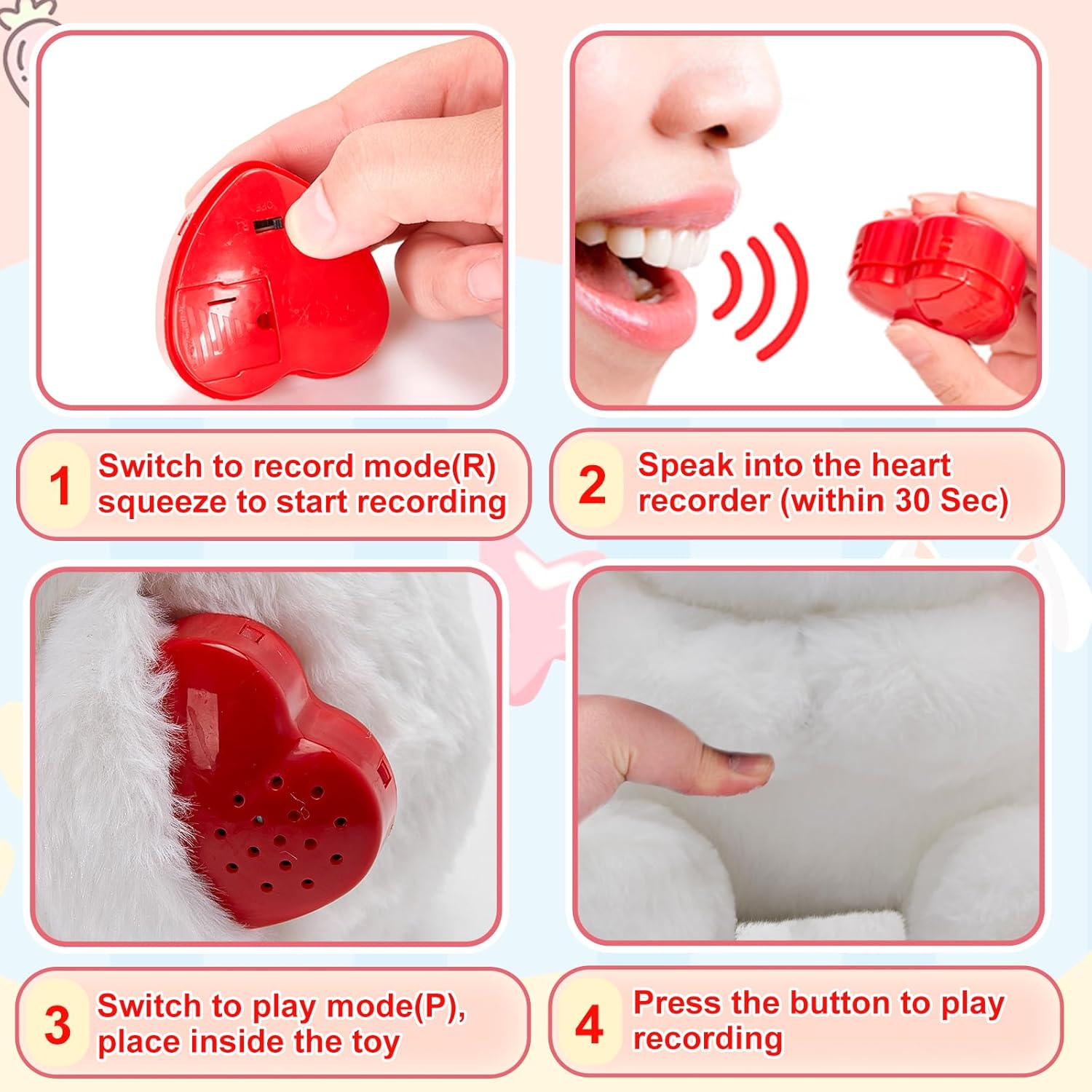 10" Heartbeat Recordable Bunny Plush Toy, Voice Recorder Bunny Stuffed Animal w/30 Sec Recorder, Rabbit Plushie Messages Recording Playback Gifts for Baby Girls Boys Birthday Baby Shower - Image 3