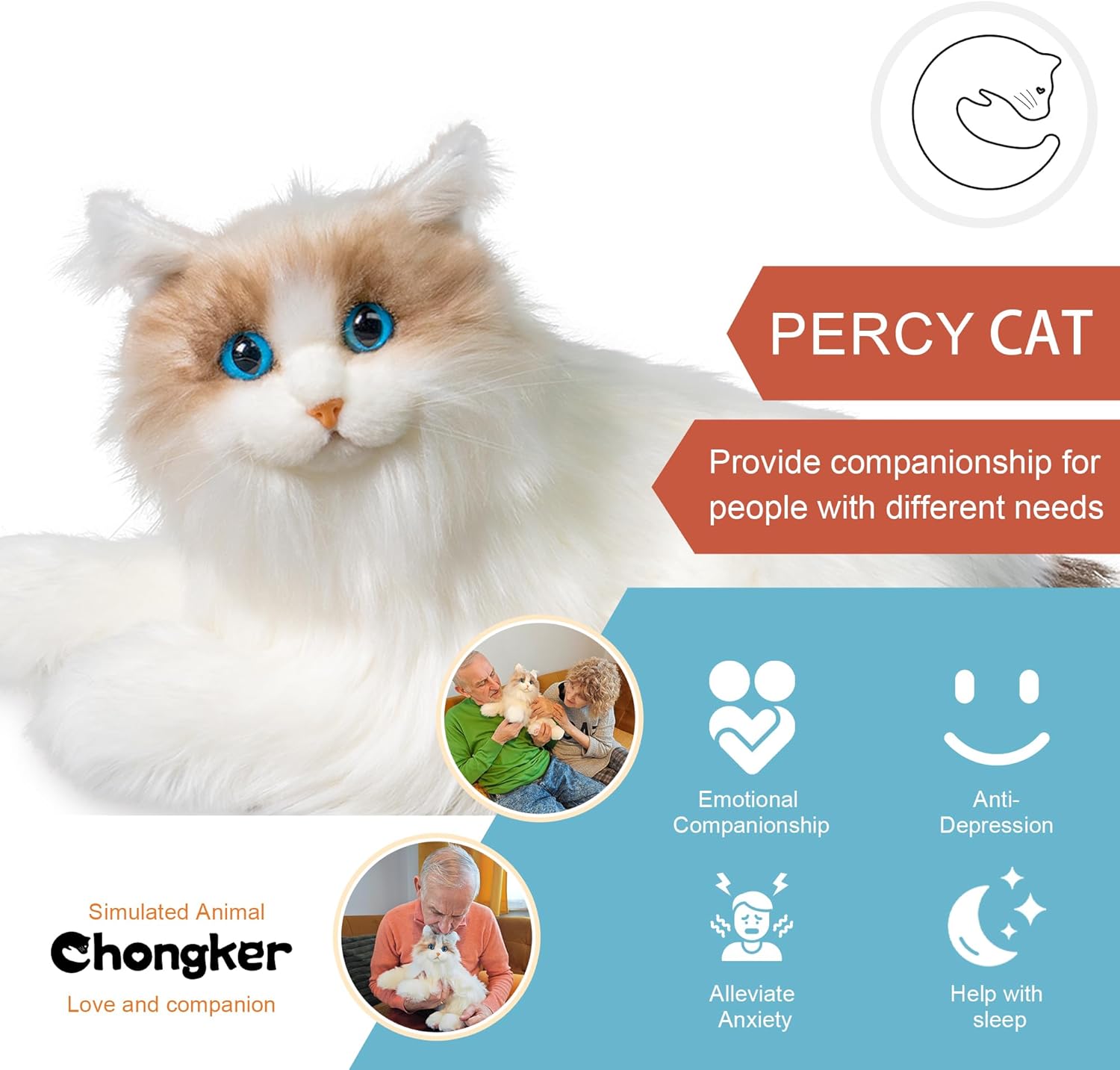 Chongker Interactive Companion Robot Cat Pets, Handmade Weighted Stuffed Animals, Cat Plush Toy with Voice Response, Realistic Heartbeat and Purring, Ragdoll Cat - Image 3