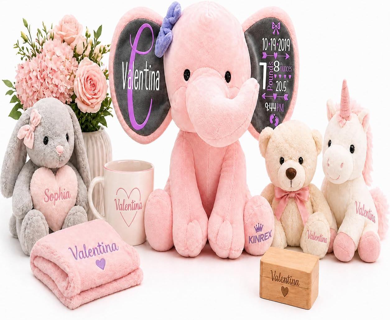 Personalized Elephant Stuffed Animal - Custom Birth Stats Announcement Stuff Elephants Animals for Babies, Baby Shower, Boy, Girl, Newborn, Customized Keepsake Plush Bear Gifts, Pink 9 Inches - Image 2