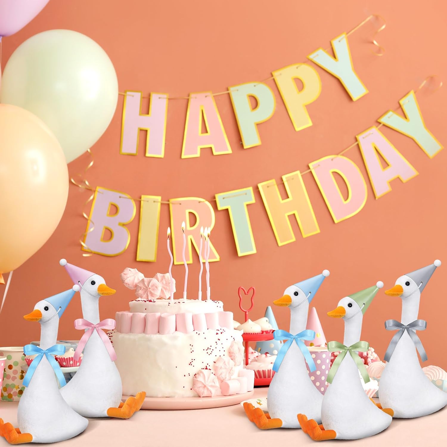 Blueweenly 12 Sets Silly Goose Birthday Decor 1st Adopt a Goose Party Favor Gift 7.1 Inch Stuffed Animal with Mini Party Hat and Ribbon for Christmas Birthday Gift(Cute,Colorful) - Image 7