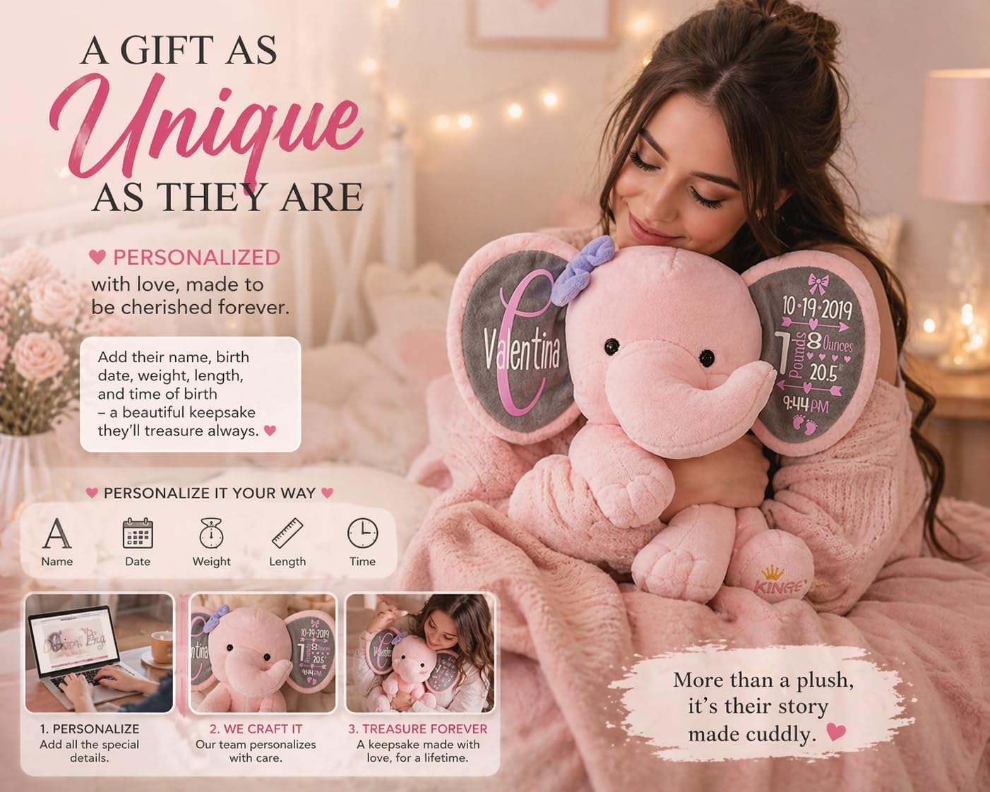 Personalized Elephant Stuffed Animal - Custom Birth Stats Announcement Stuff Elephants Animals for Babies, Baby Shower, Boy, Girl, Newborn, Customized Keepsake Plush Bear Gifts, Pink 9 Inches - Image 9