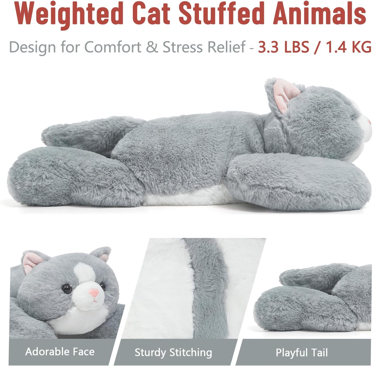 Niuniu Daddy Weighted Cat Stuffed Animals, 20 Inch 3.3 lbs Weighted Plushies, Heavy Calming Body Pillow for Sleeping, Sensory Lying Lap Pad Toy Huggable Gift for Kids and Adults - Image 8