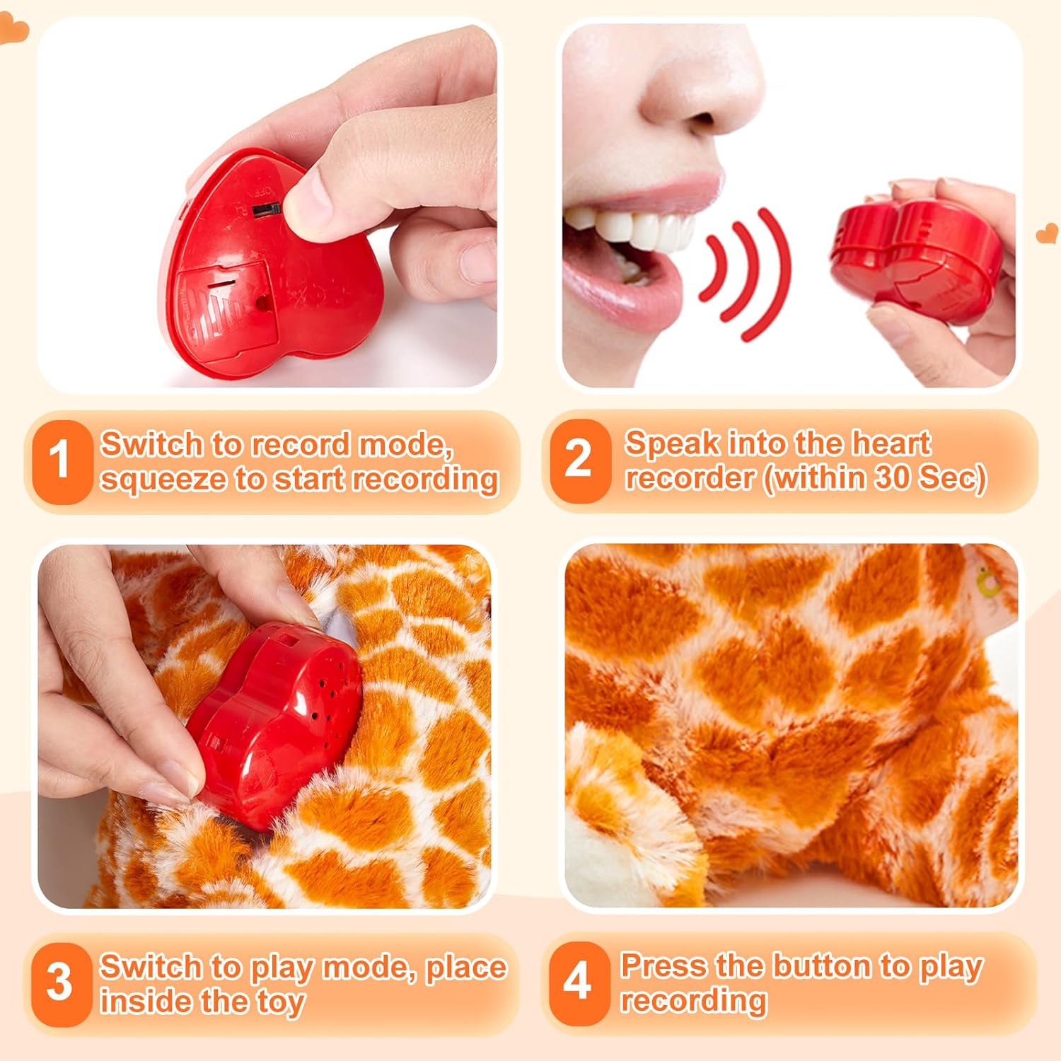 13" Recordable Giraffe Stuffed Animal,Sweet Soft Plush Toy with Voice Recorder,Giraffe with Voice Recording Heartbeat Birthday Gifts for Toddler Kids - Image 3