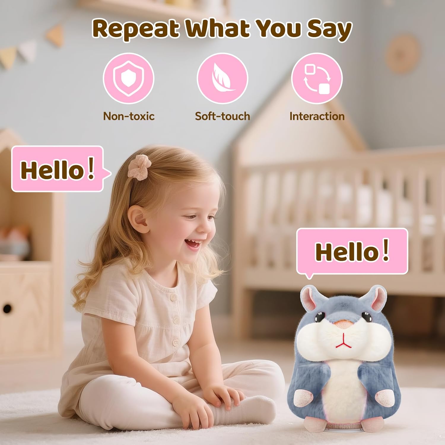 SANJOIN Kids Toddler Toys for Ages 2-4, Talking Hamster Repeats What You Say for Boys Girls, Interactive Plush Repeating Toy Gifts for 2 3 4 5 6 8 Year Old Boy Girl Birthday Gift (Gray) - Image 3