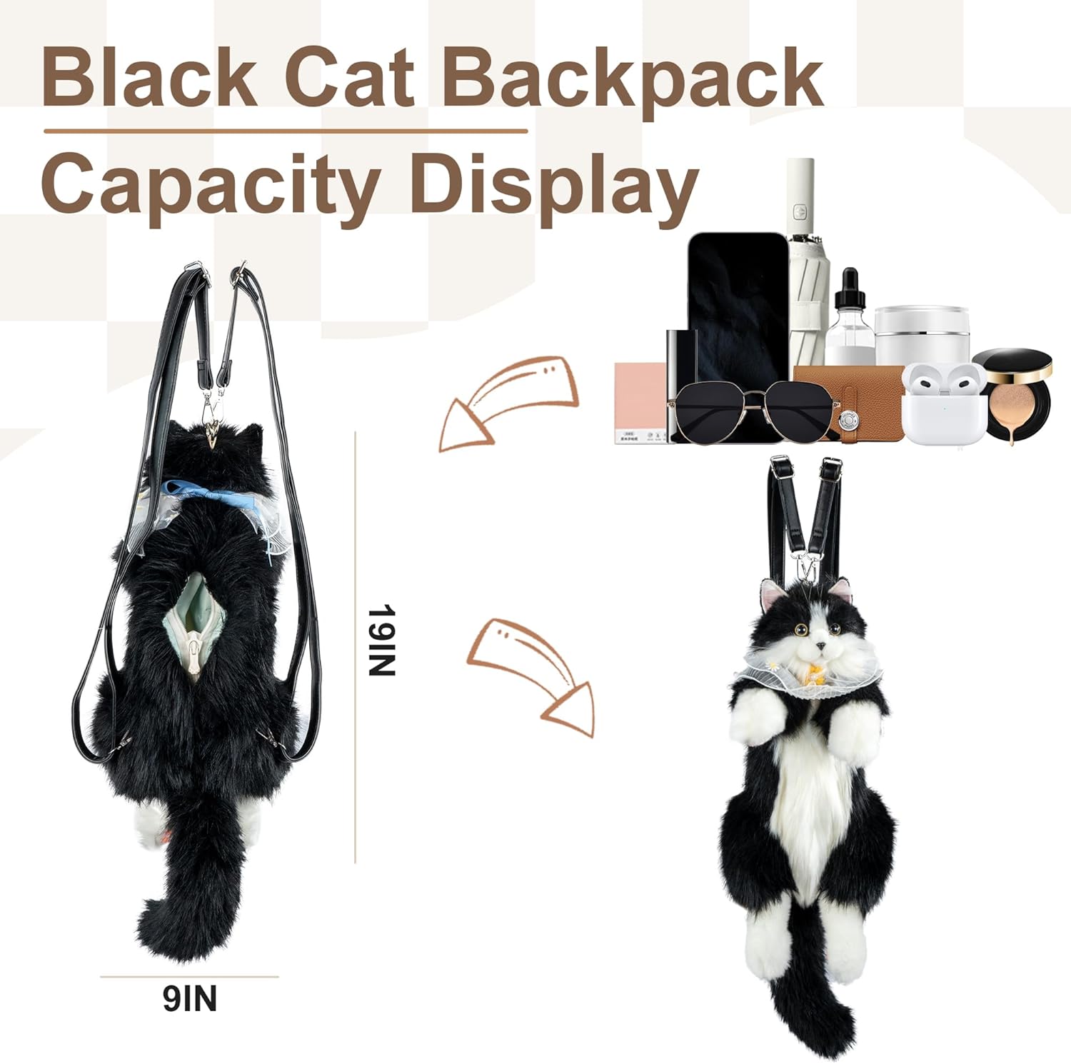 Chongker Stuffed Animals Backpack - Cute Cat plush Backpack Toy, Handcrafted Realistic Cat Shaped Backpack, Heartwarming Surprise Idea, Companionship Stuffed Cat, Large Black Cat - Image 5