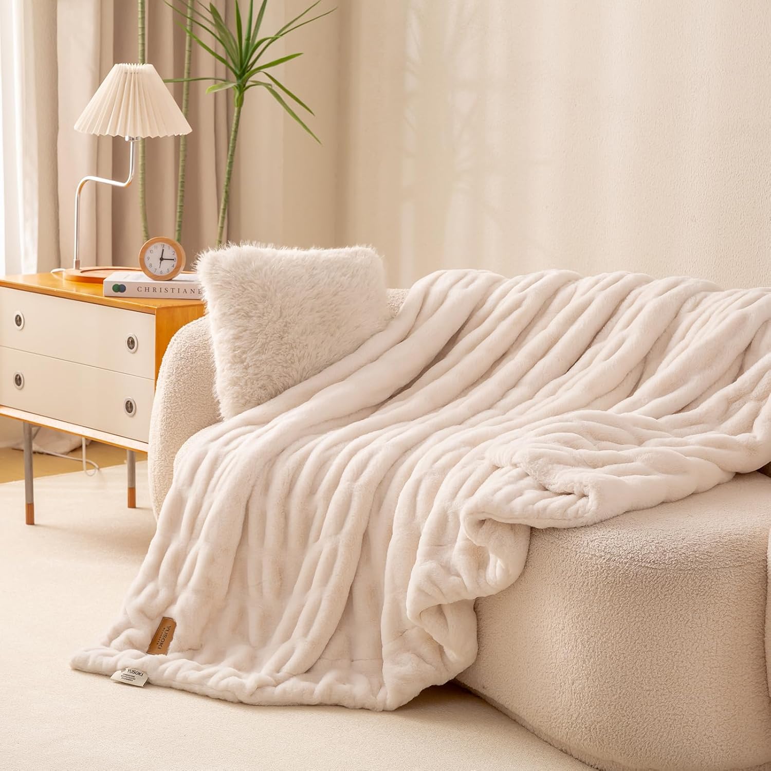 YUSOKI Luxury Double Side Faux Rabbit Fur Throw Blanket for Couch, Ultra Soft Fluffy Throw Gifts, Plush Thick Warm Luxury Decor Gifts for Home (Bright Cream, Medium (50 X 60 Inches)) - Image 2