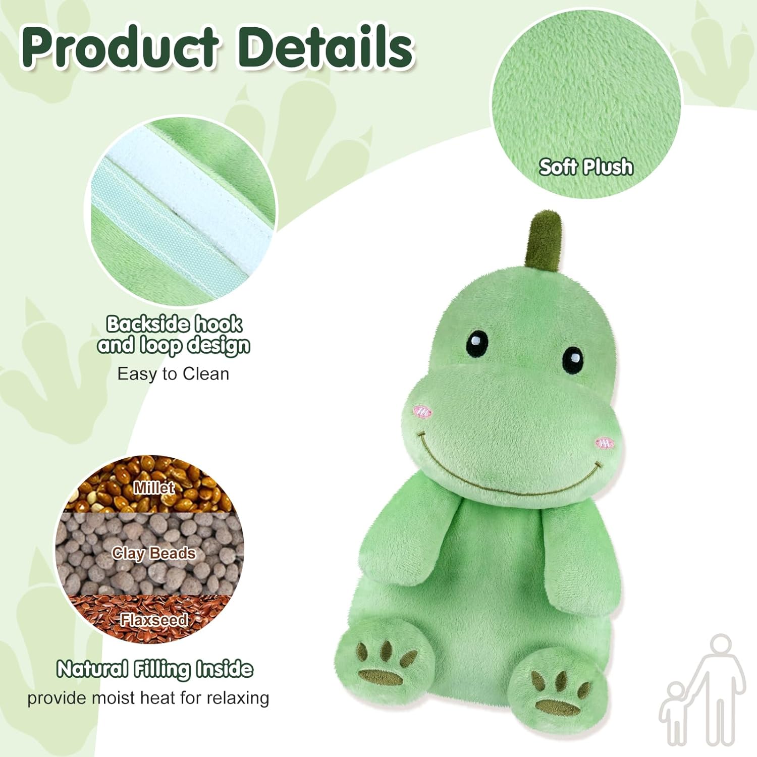 Dinosaur Microwavable Heating Pad for Belly, Neck & Shoulders, Heatable Plush with Moist Heat, Removable Plush Cover, Unscented Natural Fill, Adorable Surprise Present, 6.88" x 10.6", 1.46 lb - Image 2