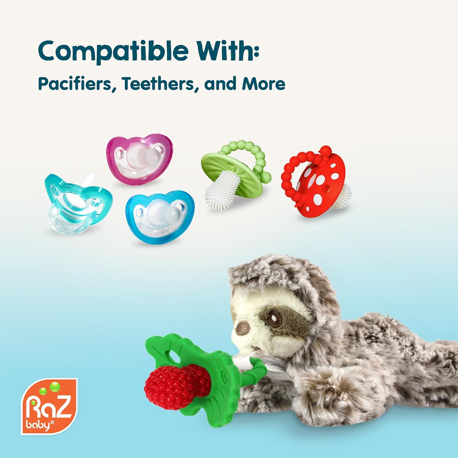 RaZbaby Sloth RaZbuddy w/RaZberry Teething Relief Pacifier – Soothes Sore Gums w/Nature-Inspired Texture, 100% BPA-Free Silicone Teether, Detachable Stuffed Animal – 3 Months+ Teether, Tan - Image 9