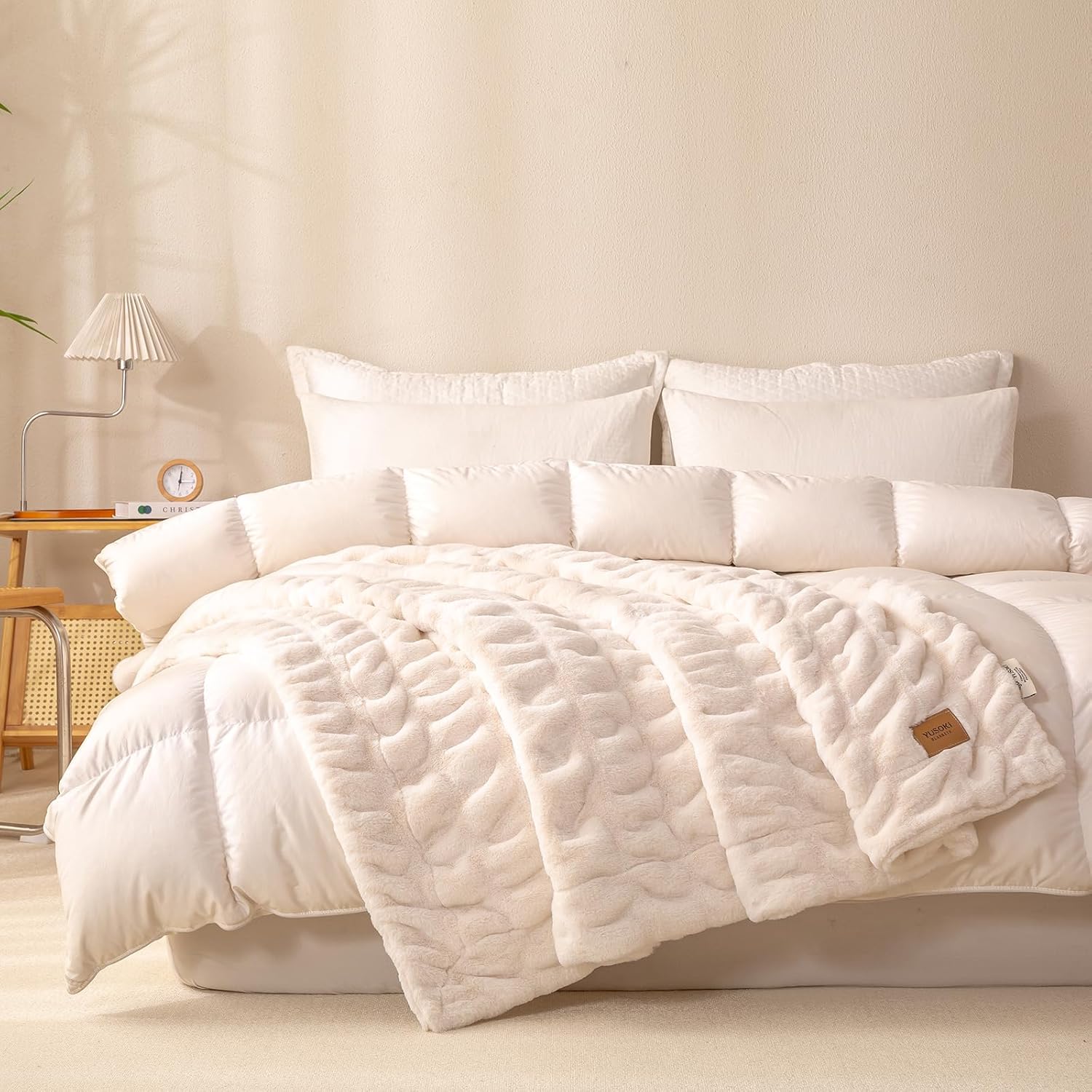YUSOKI Luxury Double Side Faux Rabbit Fur Throw Blanket for Couch, Ultra Soft Fluffy Throw Gifts, Plush Thick Warm Luxury Decor Gifts for Home (Bright Cream, Medium (50 X 60 Inches)) - Image 5
