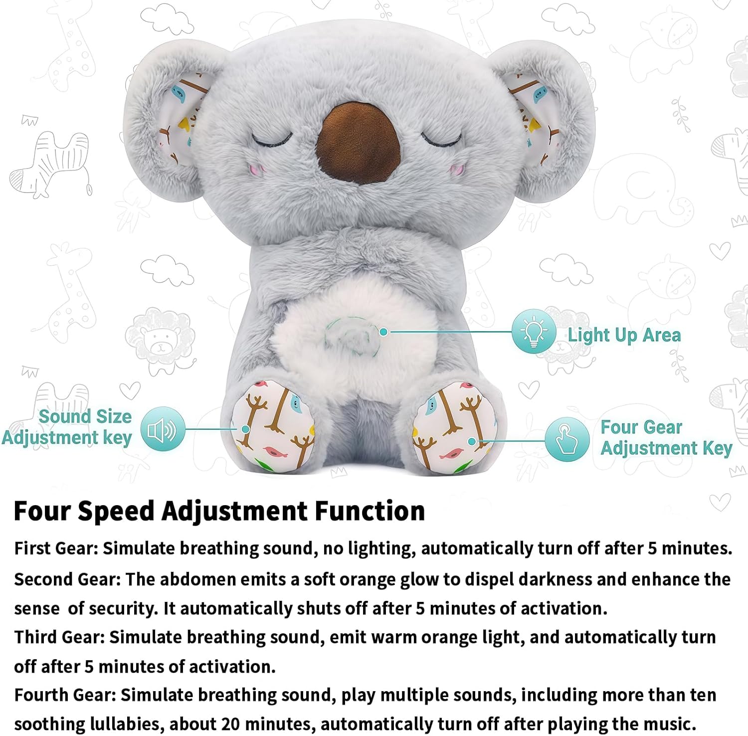 rytopt Breathing Stuffed Animal, No Breathing Movement in Its Abdomen, Koala Stuffed Animal, 4 Gear Adjustment, Volume Control, with Music & Lights - Image 3