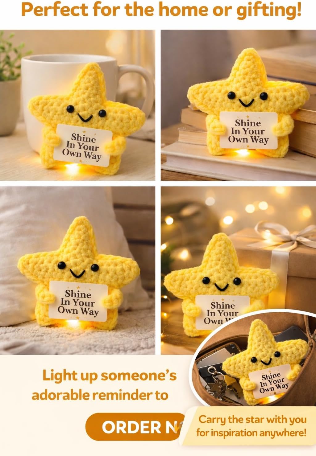 Handmade Crochet Positive Star Plushie, Adorable Yellow Emotional Support Companion with Gift Bag, Super Star Gift, Yellow Crochet Decor Perfect for Cuddles and Companionship,Cute Power-Up Style - Image 4