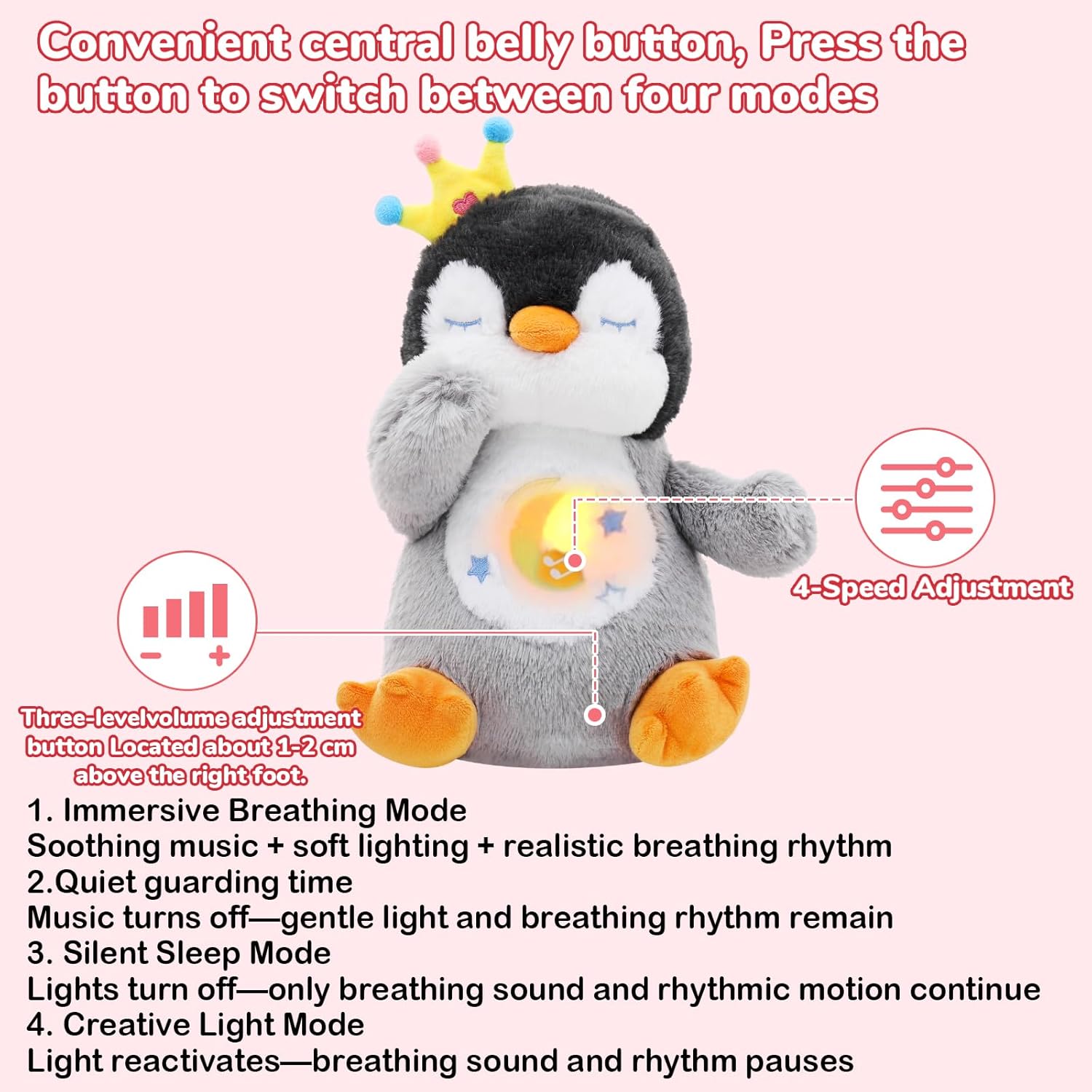Breathing Stuffed Animal, Soothe Snuggle Penguin Plush for Anxiety Adults and Kids, Volume Control, Machine Washable, Sleep Buddy Soothing Penguin with Realistic Breathing and Lights Music, 4 Modes - Image 3