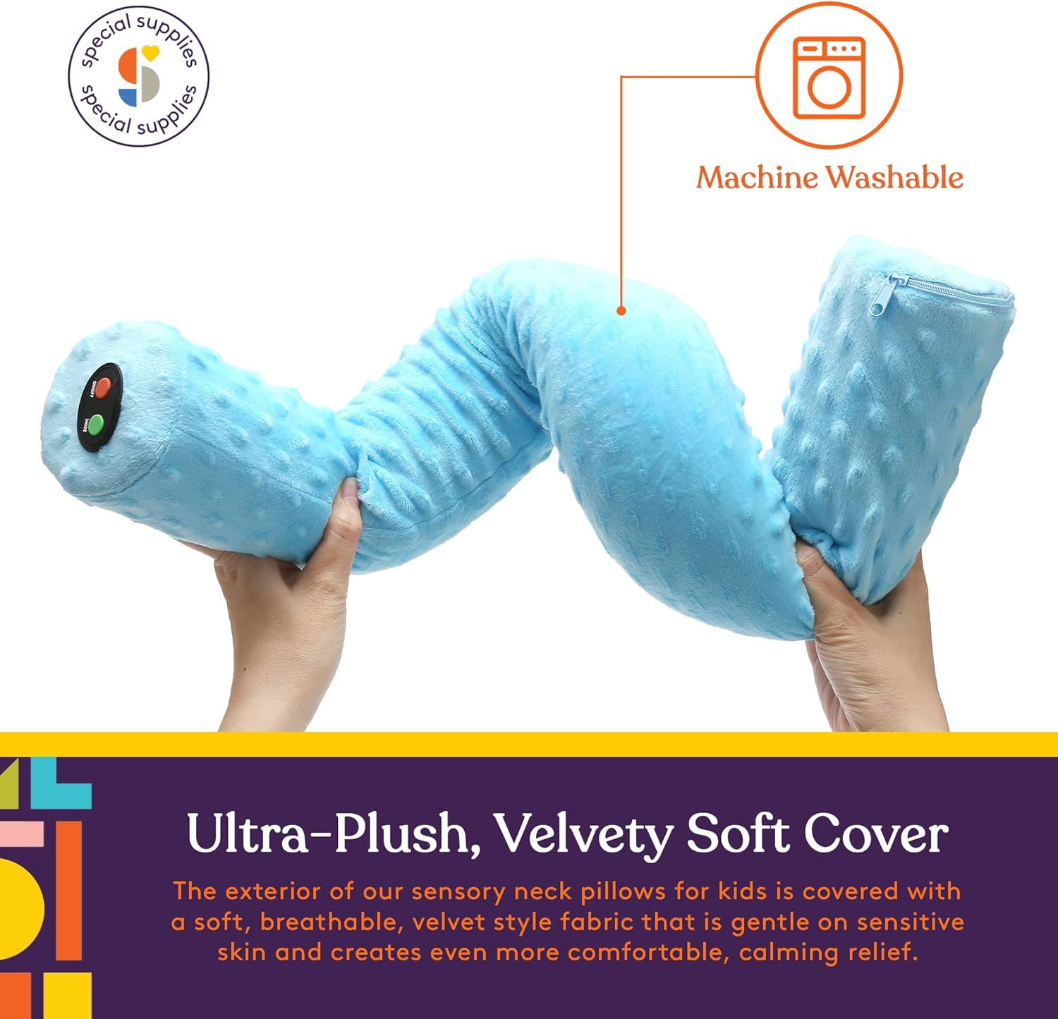 Special Supplies Sensory Vibrating Neck Pillow for Kids and Adults Plush Velvet Soft Cover with Textured Therapy Stimulation, Mind and Body Calming Relaxation - Blue - Image 2