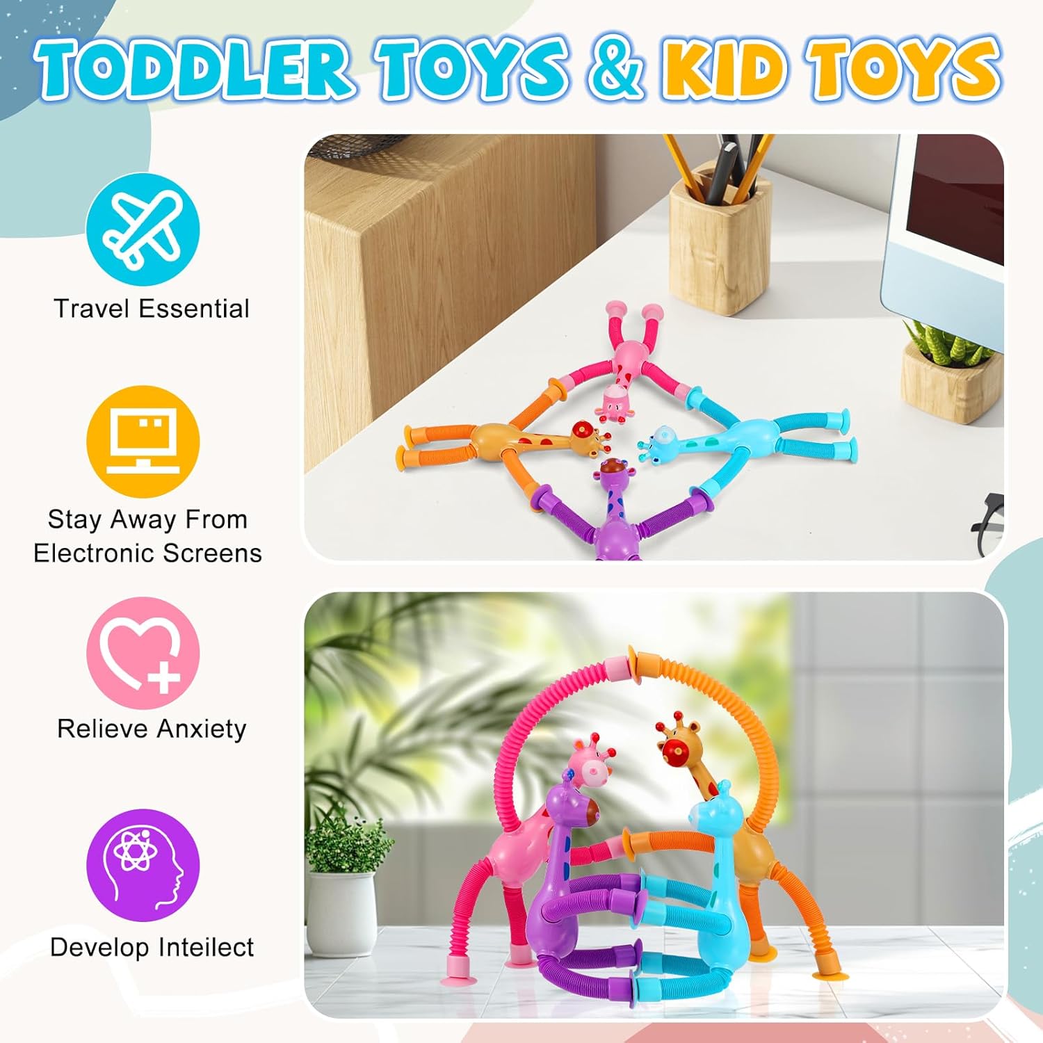 XONTEUS 4 Pcs Pop Tubes Giraffe Travel Airplane Road Trip Car Activities Essential ,Telescopic Suction Cup Sensory Fidget Toys,Screen-Free Activity for Boy & Girl , Stocking Stuffers for Kids - Image 5