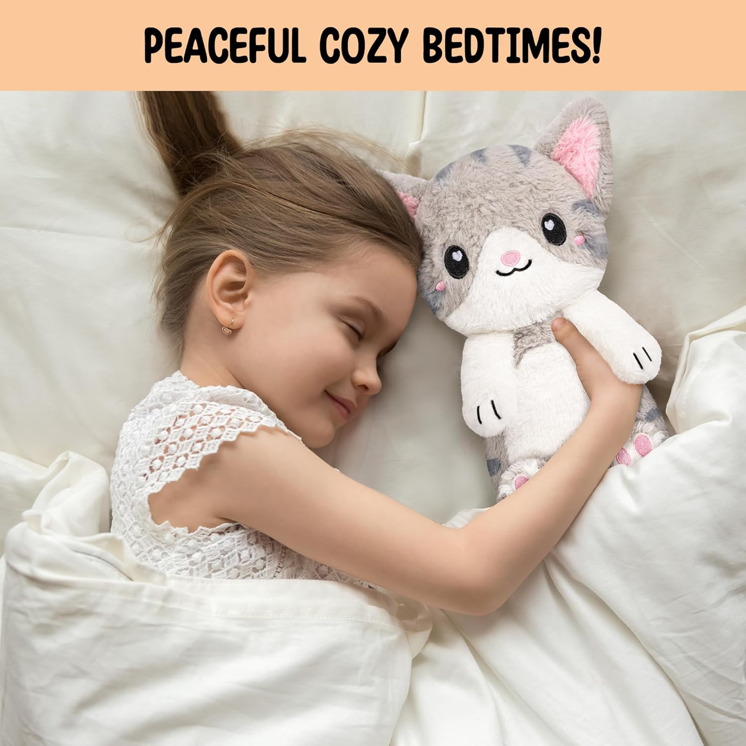 Happy Fuel Grey Cat Microwavable 1.5 lbs Unscented Heating Pad for Women & Kids- Cute Soft Cozy Pillow Plush Heatable Warm Stuffed Animals- Kawaii Hot & Cold Plushie - Gray Cat Gifts for Girls & Women - Image 9
