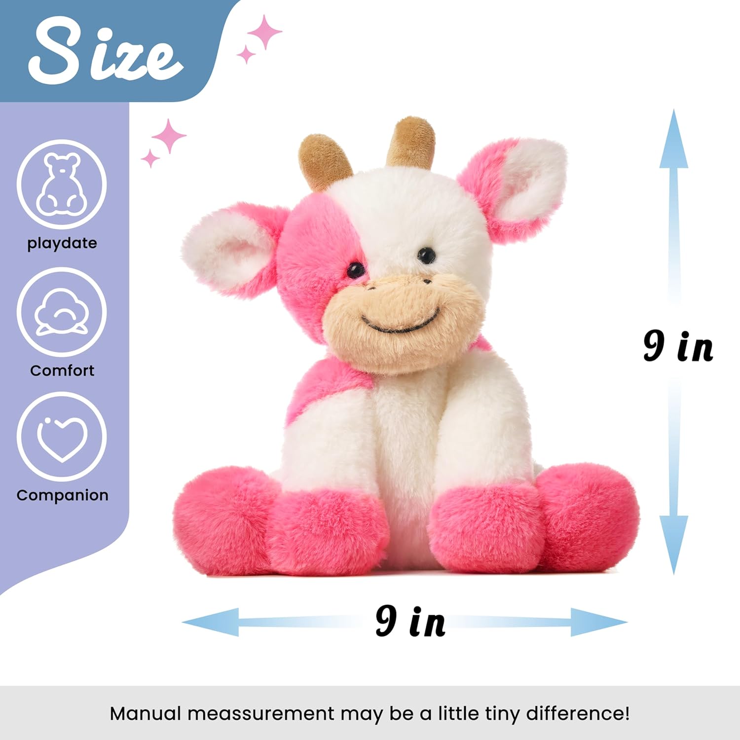 Hopearl Adorable Plush Cow Toy Floppy Dairy Cattle Soft Stuffed Animal Cute Birthday Gifts for Boys Girls Kids Toddlers, Strawberry Pink, 9'' - Image 5