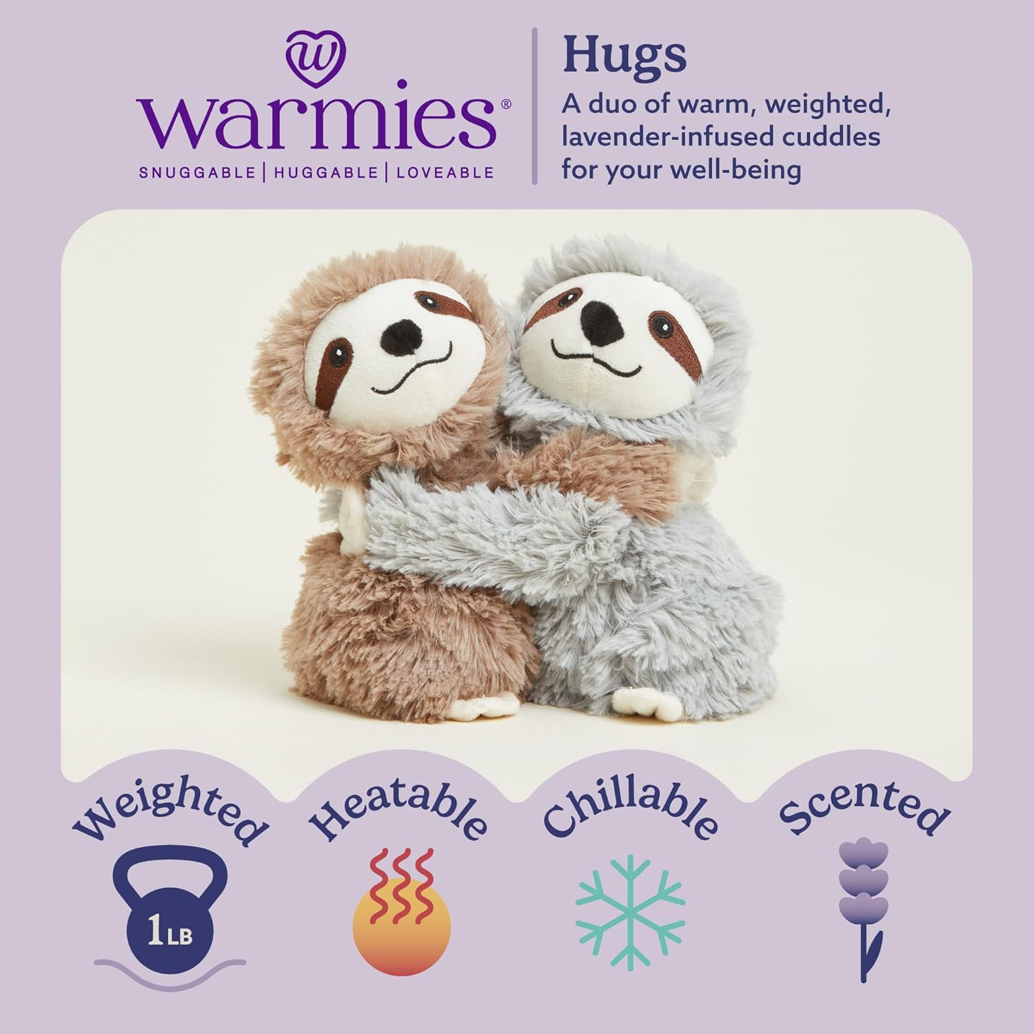 warmies Hugs Duo, Microwavable & Weighted Stuffed Animals, Sloth - Heated Stuffed Animal Plushie for Warmth & Comfort - Cute Soft Plush Toys for Adults & Children (Boys, Girls, Babies & Toddlers) - Image 2