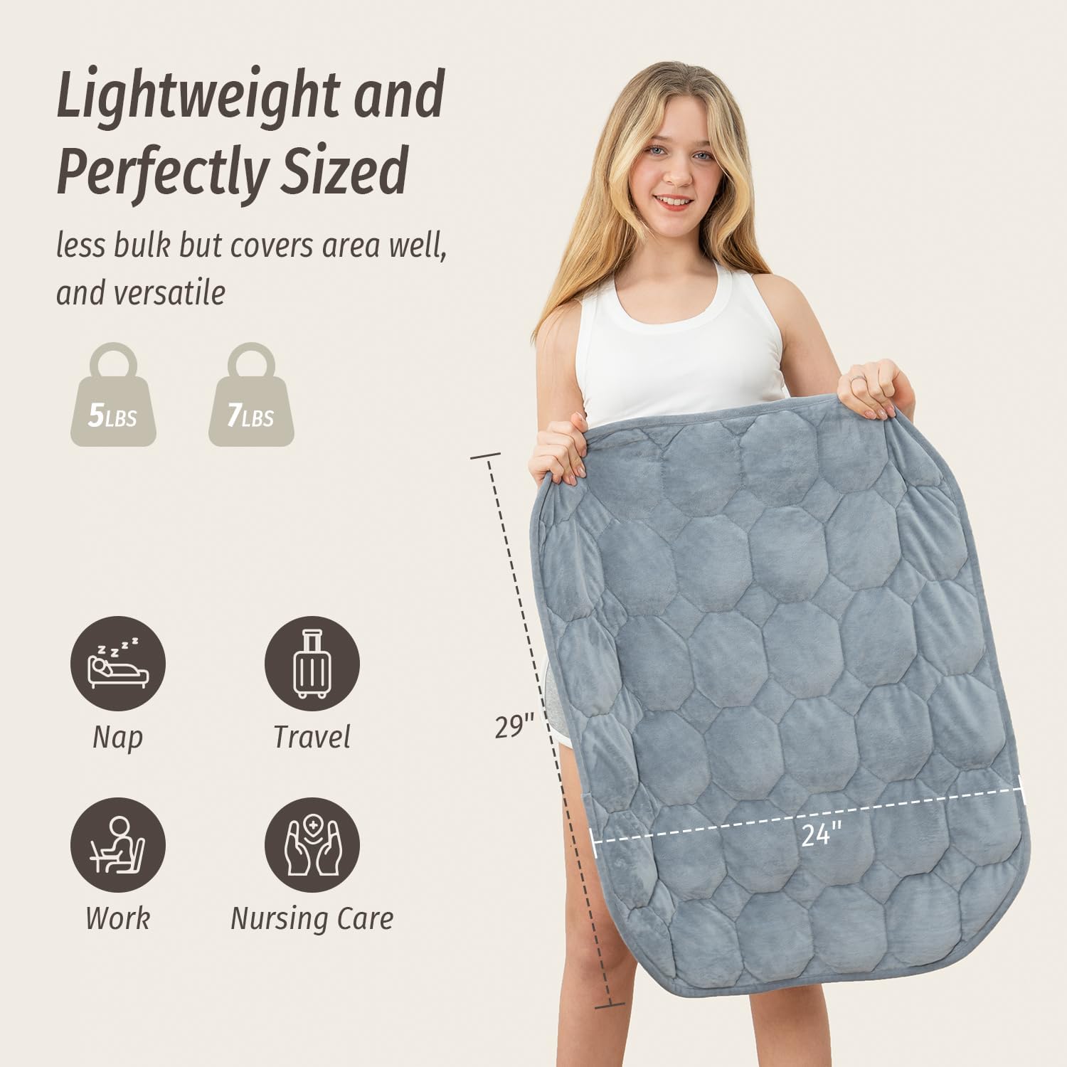 Wemore Weighted Lap Blanket 7lbs for Adults, Small Weighted Blanket Throw for Travel, Soft Weighted Lap Pad for Relaxation, Calming, Napping and Sleeping, Machine Washable, Light Grey 29" x 24" - Image 3