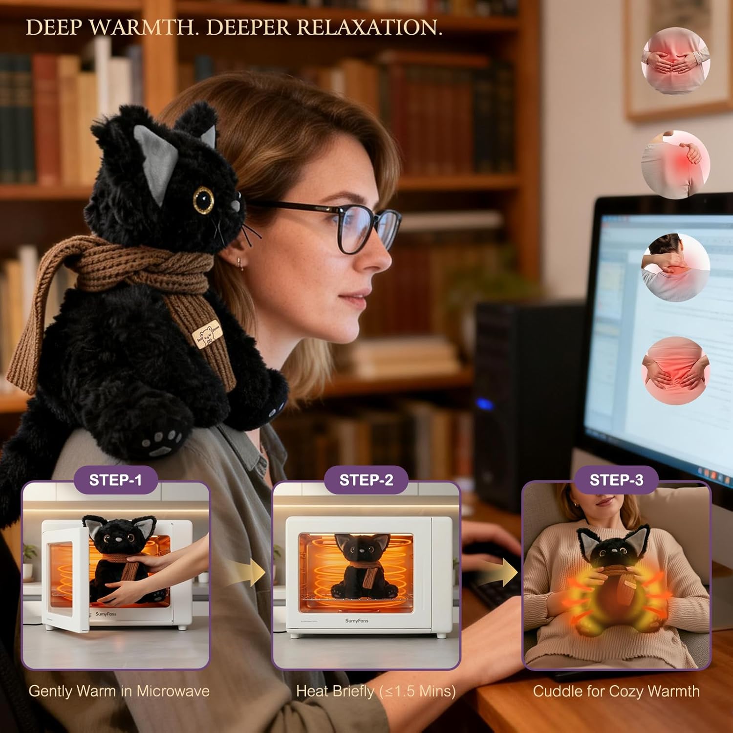 KOWSI® Microwavable Heating Pad Black Cat Plush - Weighted Stuffed Animal Toy with Tourmaline Beads & Lavender - 1 lb for Long Lasting Cozy Warmth & Relaxation - Includes Gift Box & Greeting Card - Image 3