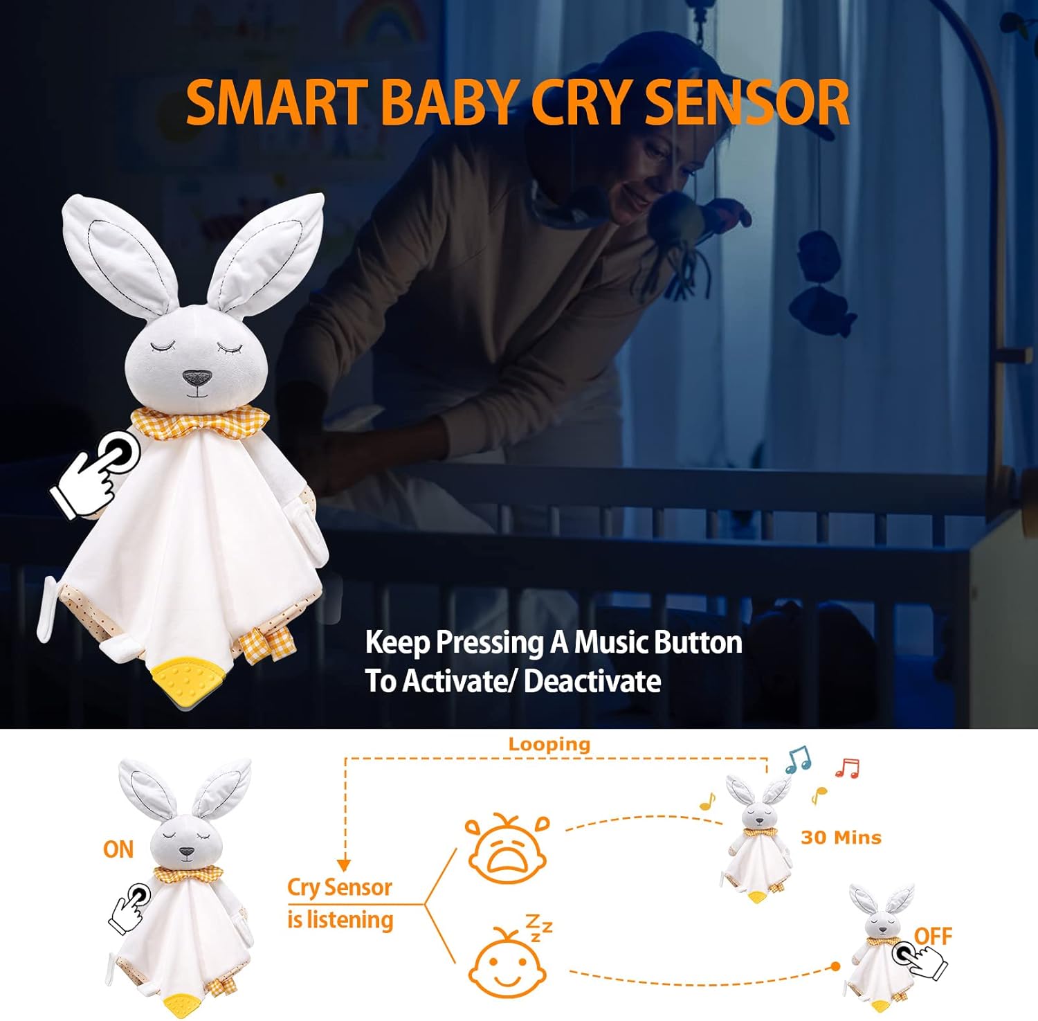 BEREST Rechargeable Baby Sleep Soother Bunny Lovey- White Noise| Heartbeat| Shushing| Lullaby Infant Sleeping Aid with Cry Sensor at Nap Time Routine, Newborn Gifts Plush Toddler Snuggle Blanket Toy - Image 3