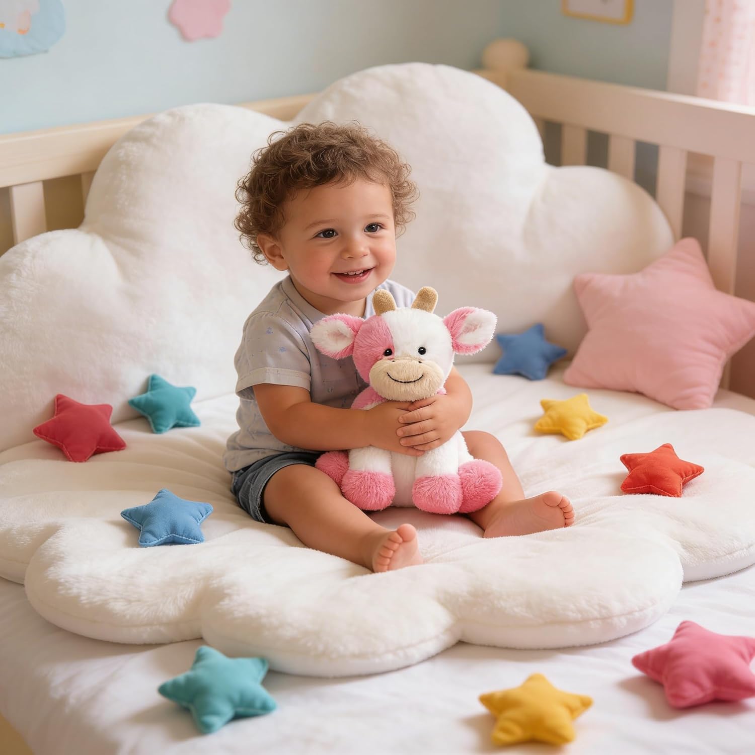 Hopearl Adorable Plush Cow Toy Floppy Dairy Cattle Soft Stuffed Animal Cute Birthday Gifts for Boys Girls Kids Toddlers, Strawberry Pink, 9'' - Image 4