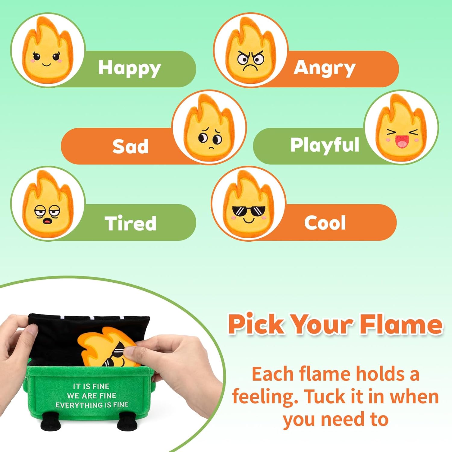 Emotional Dumpster Plush – Funny Dumpster Desk Accessories with 6 Fire Plushies, Cute Stuffed Doll Gift for Women Coworkers Office Decor (Green) - Image 4