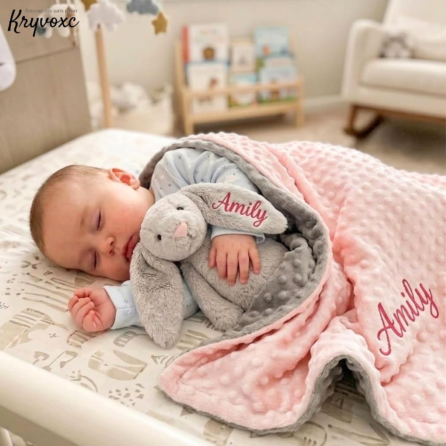 Personalized Baby Blanket and Plush Bunny Set, Custom Baby Blankets and Rabbit with Name, Personalized 2 in 1 Gift Set for Boy Girl Toddlers, Minky Dot Swaddle, Gift Set for Showering, Birthday - Image 2