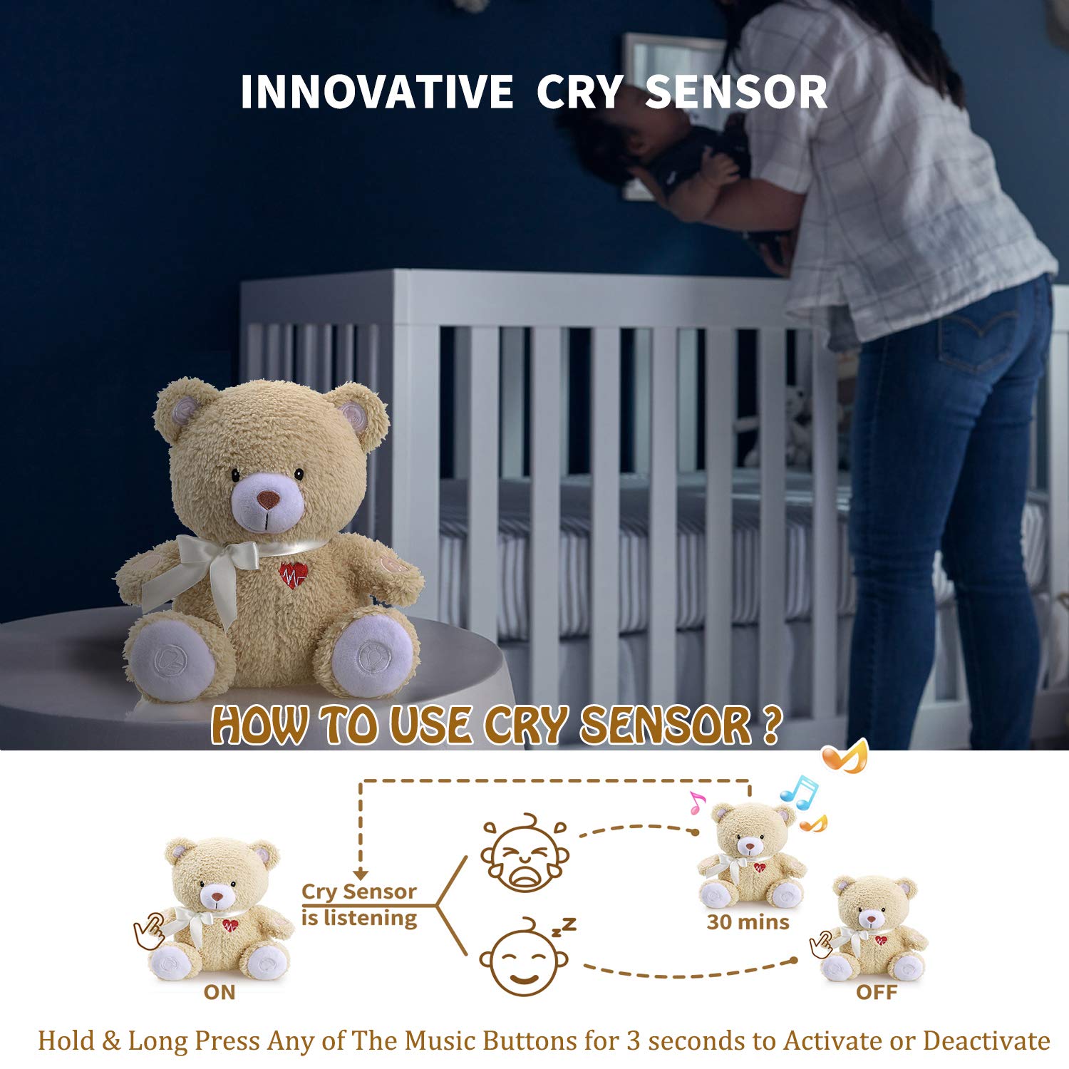 BEREST Sleeping Bear Baby Sleep Soother- Mom's Heartbeat White Noise Machine Infant Stuffed Animal Bear Toy Sleeping Aid, Nursery Decor with Baby Cry Sensor, Night Light, 9 Soothing Sounds Therapy - Image 3
