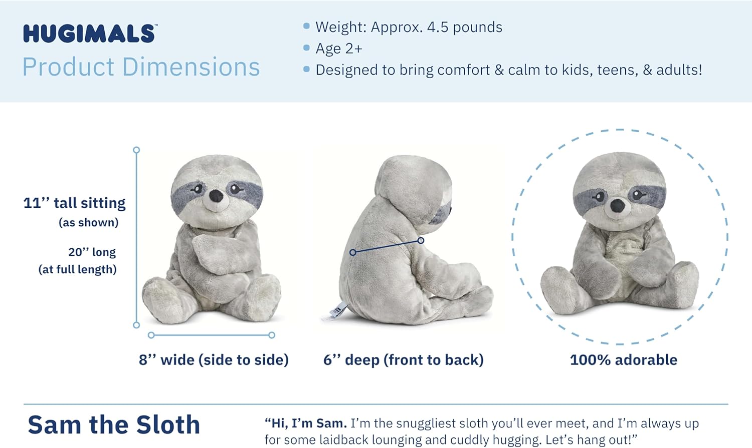 HUGIMALS Sam the Sloth 20 Inch 4.5 lb Heavy Cute Sensory Weighted Comfort Plush | Large Unscented Washable Self Care Calming Stuffed Animal for Kids, Teens and Adults - Image 6