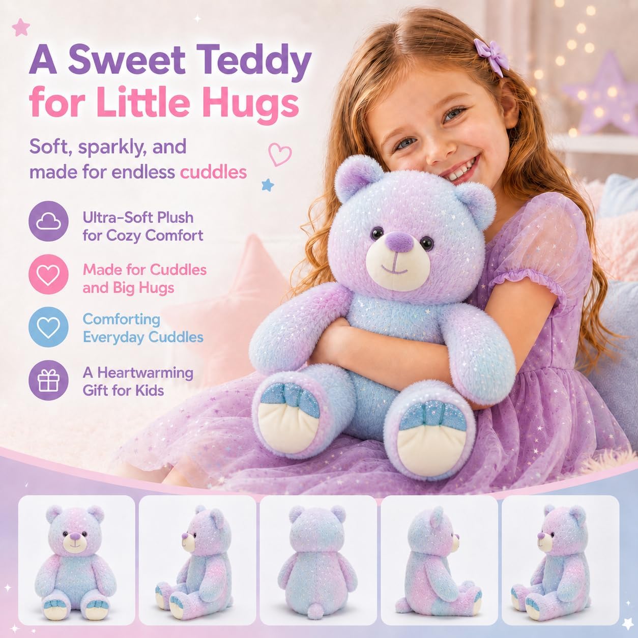 Tezituor Stuffed Teddy Bear,Rainbow Bear Plush Toys,13.78in Cute Cozy Bears Stuffed Animal, Valentines Bear Plushies,Stuffies for Girlfriend,Kids,Christmas,Birthday Gifts,Huggable (Blue Purple) - Image 3