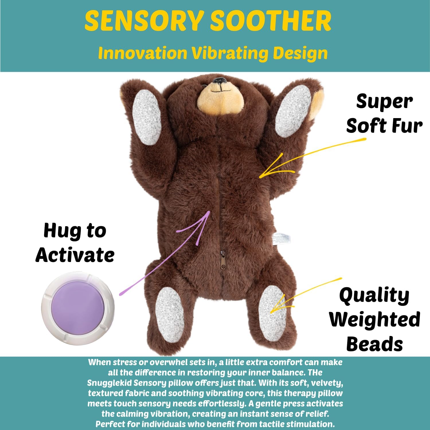 Lunapuer Bear Sensory Weighted Vibrating Pillow, Pressure Activated for Kids Adults, Plush Minky Soft Size: 11 by 20 inches Pillow Animal, Calming Therapy for Focus and Balance for Gift Birthday - Image 3