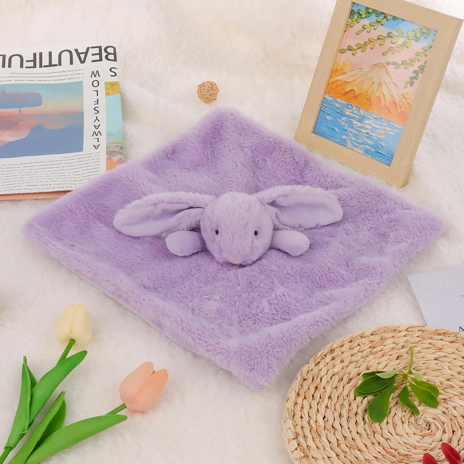 Apricot Lamb Stuffed Animals Purple Bunny Rabbit Security Blanket Infant Nursery Character Blanket Luxury Snuggler Plush Baby Lovey(Purple Bunny) - Image 3