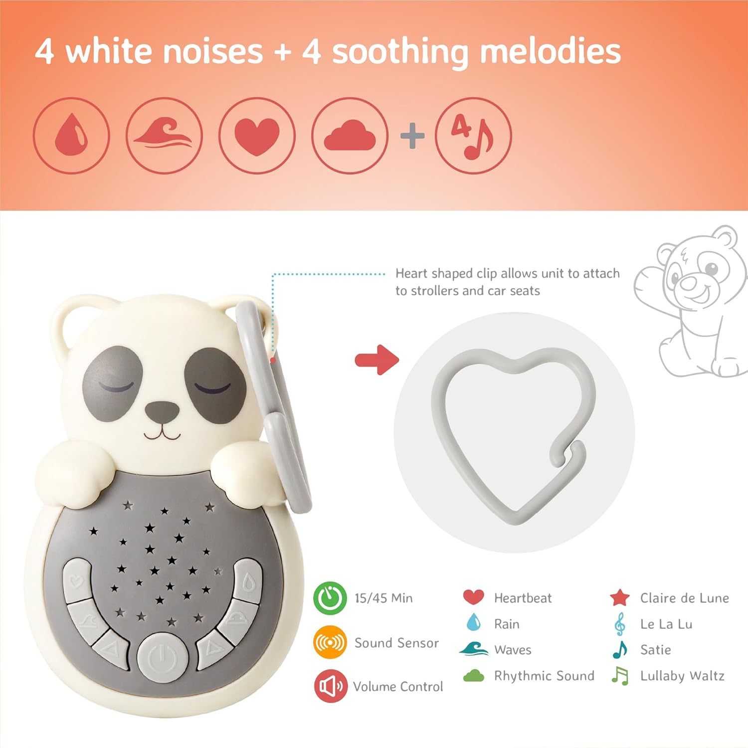 Cloud b Travel Comforting Sound Machine w/ Calming Light | 4 White Noise and 4 Lullabies | Re-Activating Smart Sensor | Sweet Dreamz On the Go™ - Panda - Image 5