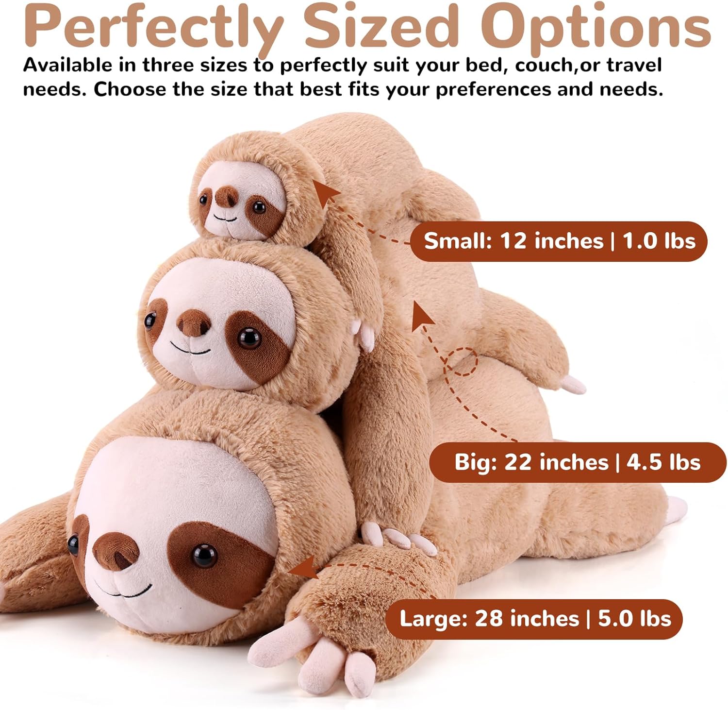 gnomantic Sloth Weighted Stuffed Animals - 22 Inch 4.5 Pounds Weighted Plushies Sloth Stuffed Animals - Big Plush Pillow - Cute Plush Toys Gifts for Kids & Adults (22" 4.5 lbs) - Image 2