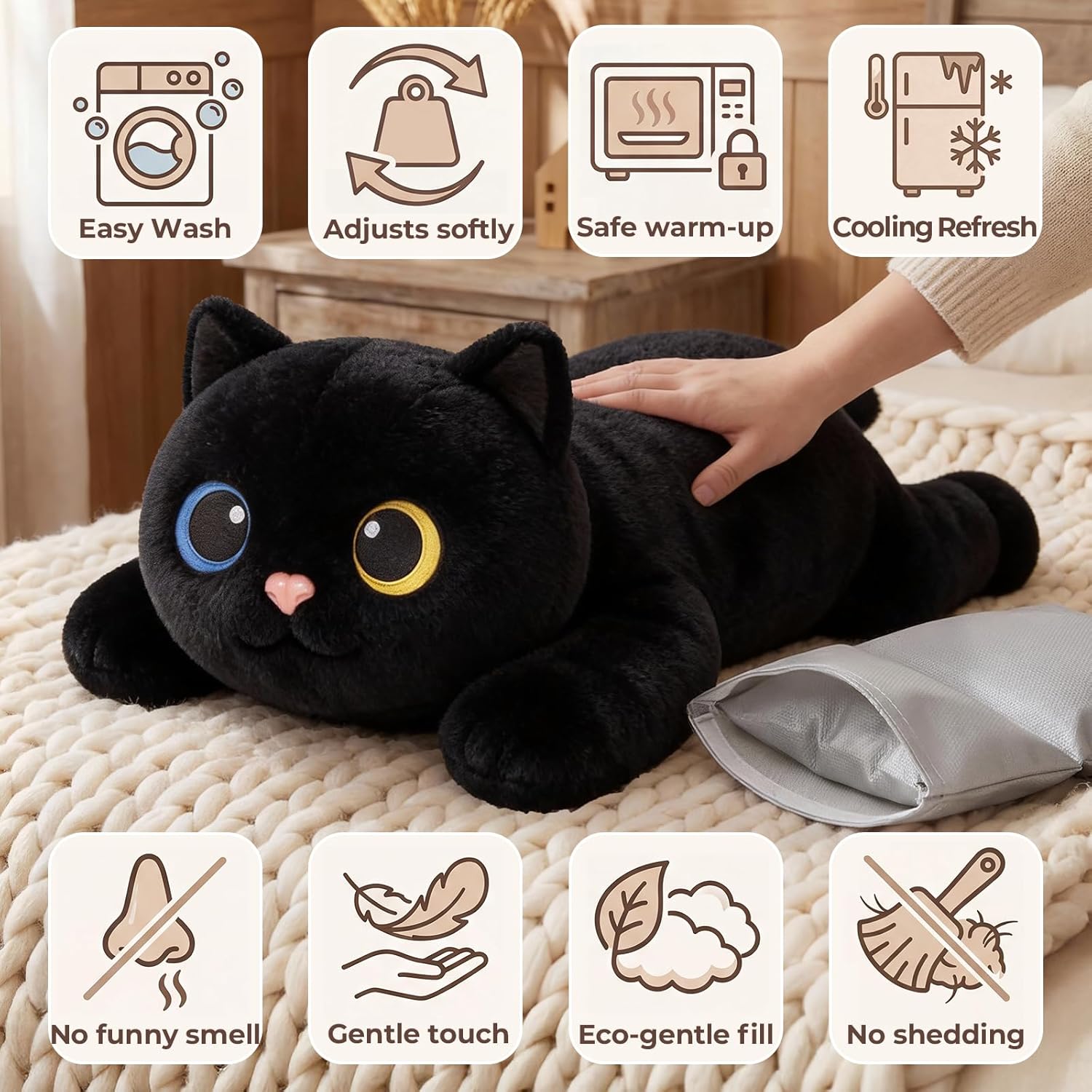 Mewaii Weighted Stuffed Animals 5 lbs Adjustable, Heated & Coolable 23 Inch Plush for Realistic Hug, Microwavable Removable Inner Pad, Cat Gifts for Adults & Kids (Black) - Image 7