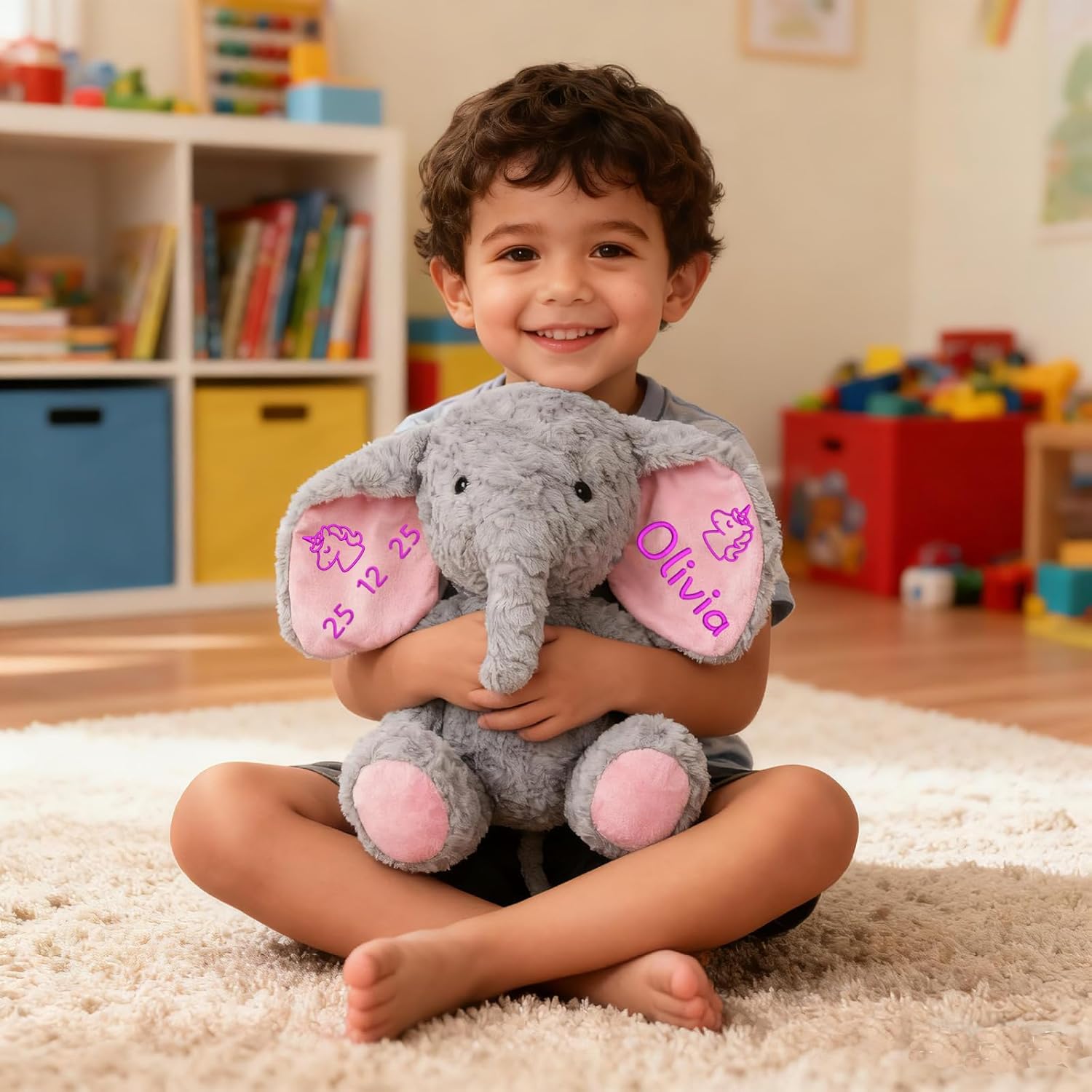 BeneCharm Personalized Elephant Plush Stuffed Animal with Embroideried Name Custom Toddler Stuffed Elephants Doll Kids Plush Toys Personalized Baby Girls Boys Newborn Birthday (Elephant) - Image 2