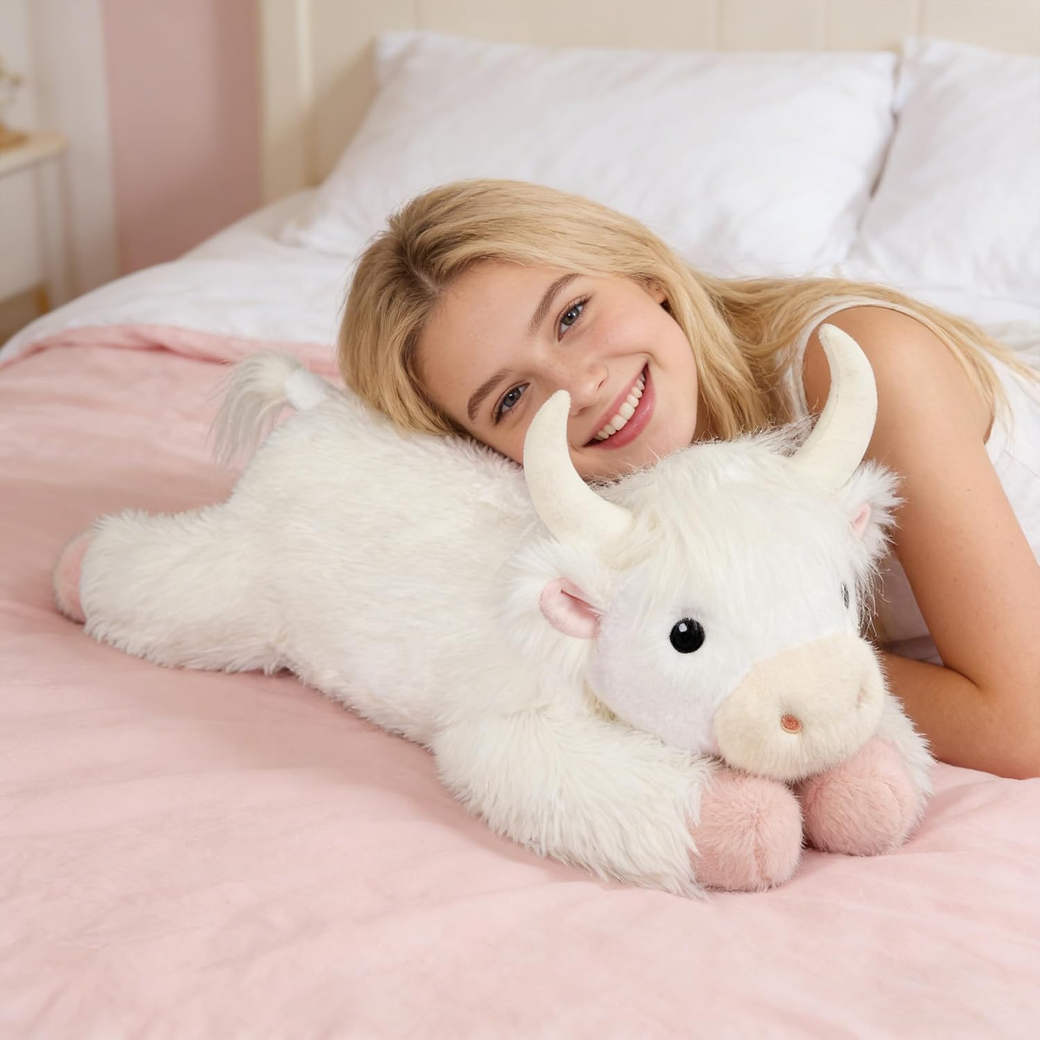 4 lbs Weighted Stuffed Animal Highland Cow Plush Pillow,21" Large Weighted Cow Plush Toy, Soft Fluffy Highland Cow Stuffed Animal for Kids & Adults, Cute Farm Animal Gift (White) - Image 6