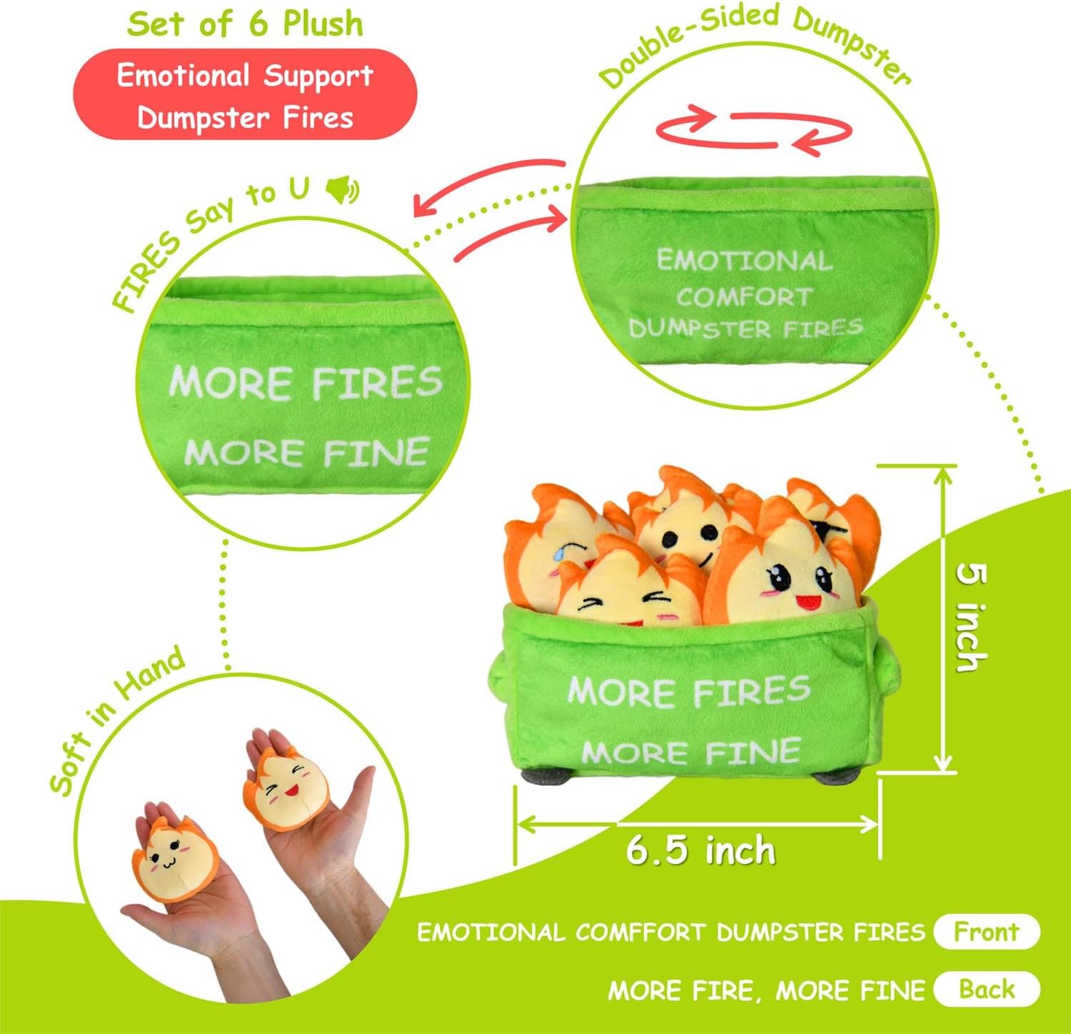 Kingwee Positive Emotional Support Dumpster Fires Plush Toy, 6 Cute Stuffed Fires in 1 Soft Dumpster, Funny Office Desk Decor, Gag Gift for Coworkers, Women & Men, Stress Relief Plushies - Image 3