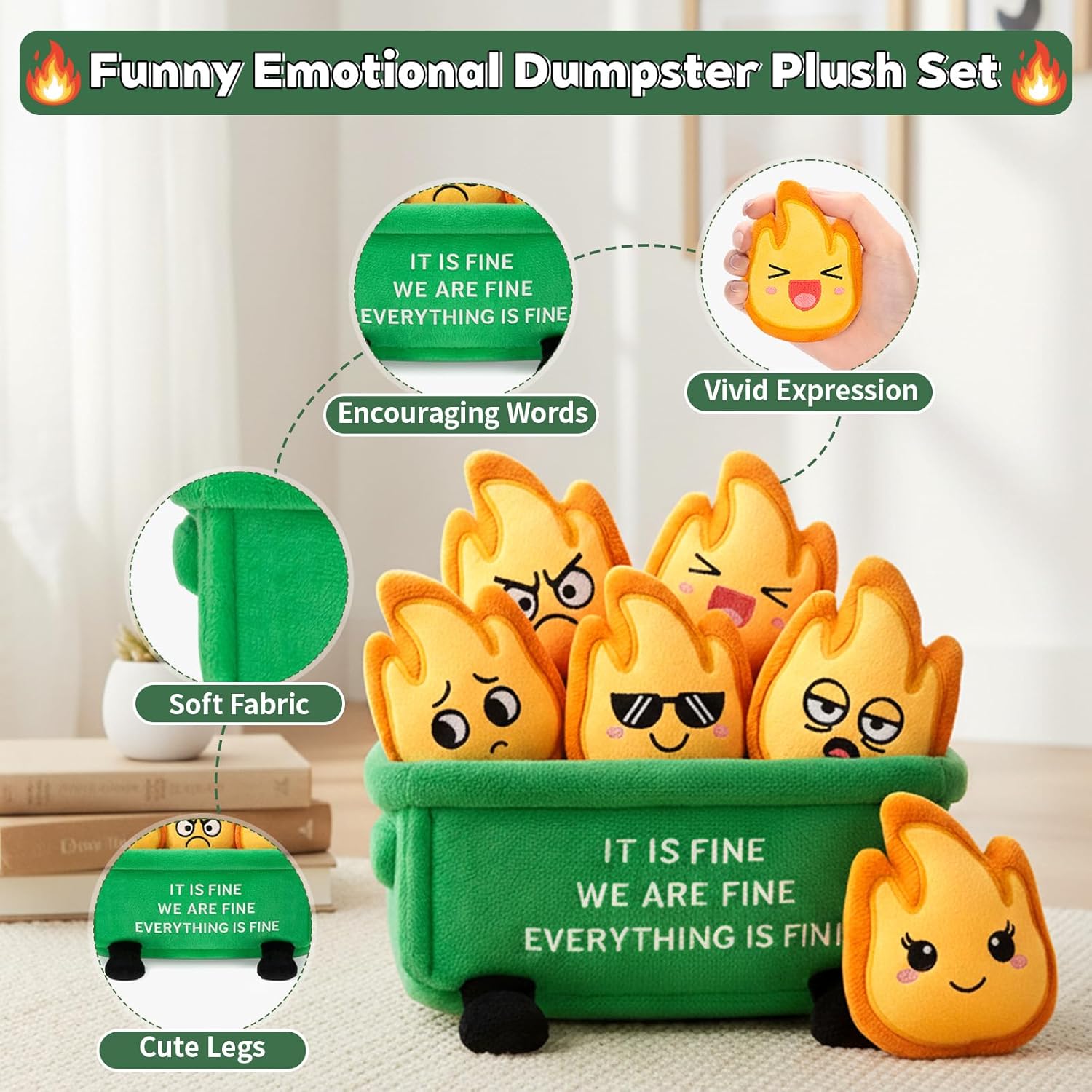 Emotional Dumpster Plush – Funny Dumpster Desk Accessories with 6 Fire Plushies, Cute Stuffed Doll Gift for Women Coworkers Office Decor (Green) - Image 3