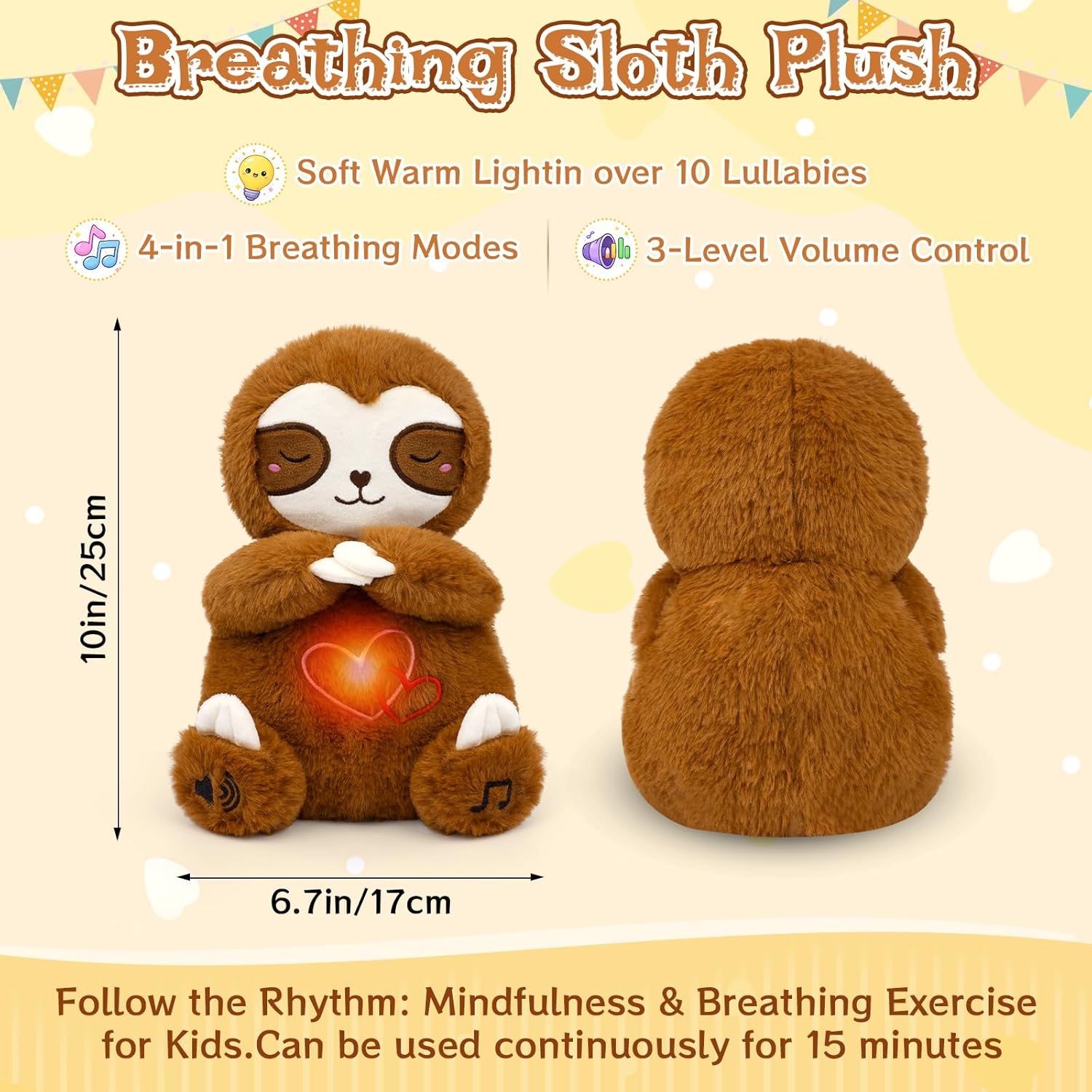 Breathing Sloth Stuffed Animal - 10" Soft Plush with Calming Music & Lights, Soothing Buddy Plushie for Kids & Adults, Cute Sensory Toy with 4 Breathing Modes - Image 2