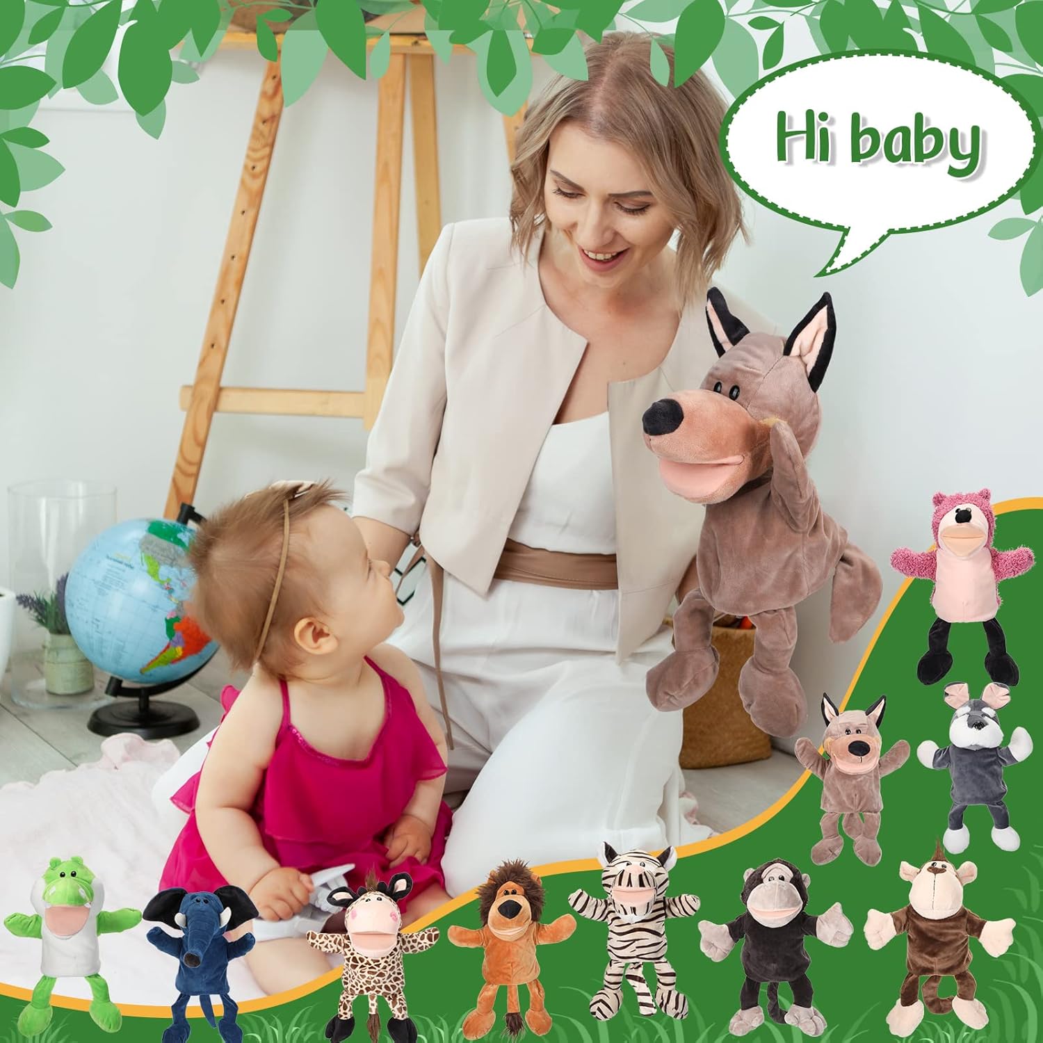 Wettarn 10 Pcs Animal Hand Puppets 12 Inch Soft Plush Lion Orangutan Giraffe Tiger Pig Elephant Plush Hand Toddler Puppets for Boys and Girls Kids Storytelling, Teaching, Role Playing(Lovely Style) - Image 6