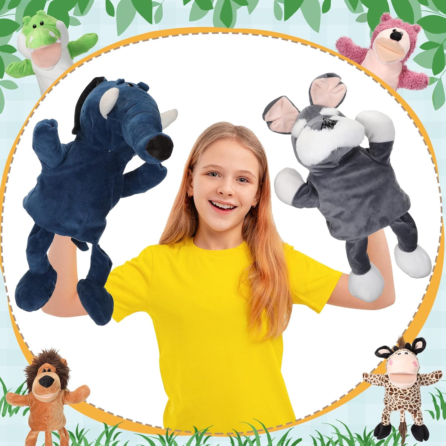 Wettarn 10 Pcs Animal Hand Puppets 12 Inch Soft Plush Lion Orangutan Giraffe Tiger Pig Elephant Plush Hand Toddler Puppets for Boys and Girls Kids Storytelling, Teaching, Role Playing(Lovely Style) - Image 7
