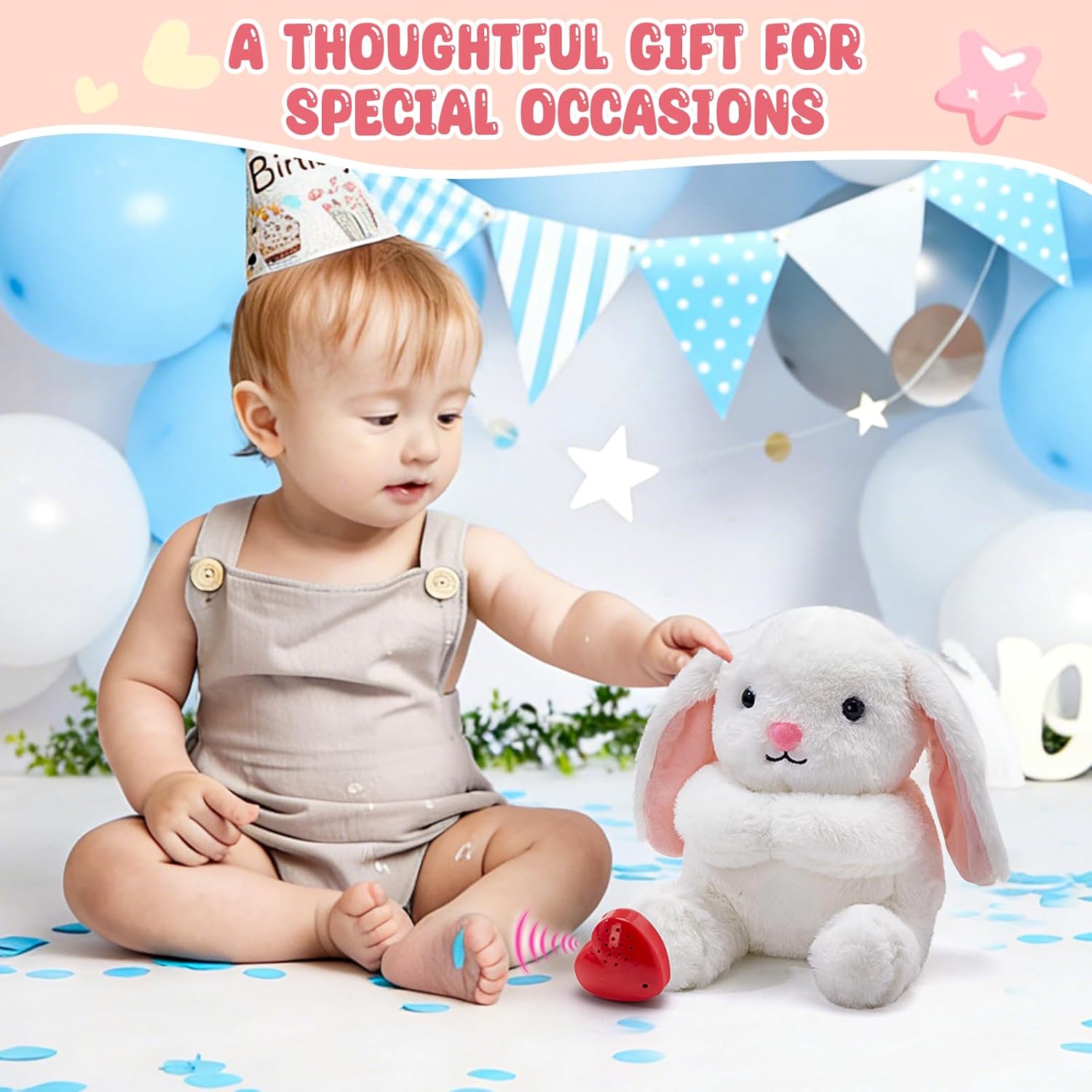 10" Heartbeat Recordable Bunny Plush Toy, Voice Recorder Bunny Stuffed Animal w/30 Sec Recorder, Rabbit Plushie Messages Recording Playback Gifts for Baby Girls Boys Birthday Baby Shower - Image 6