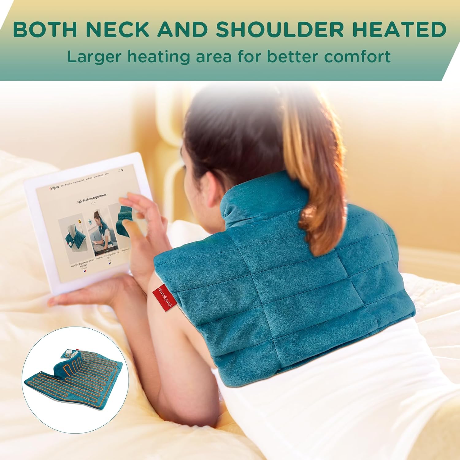 Comfytemp Heating Pad for Neck and Shoulders and Back, 2.6lb Weighted Electric Heating Pads FSA Eligible, Mothers Day Gifts for Mom Women Her, HSA Large Heated Wrap - 9 Heat Settings & 11 Timers, Blue - Image 6
