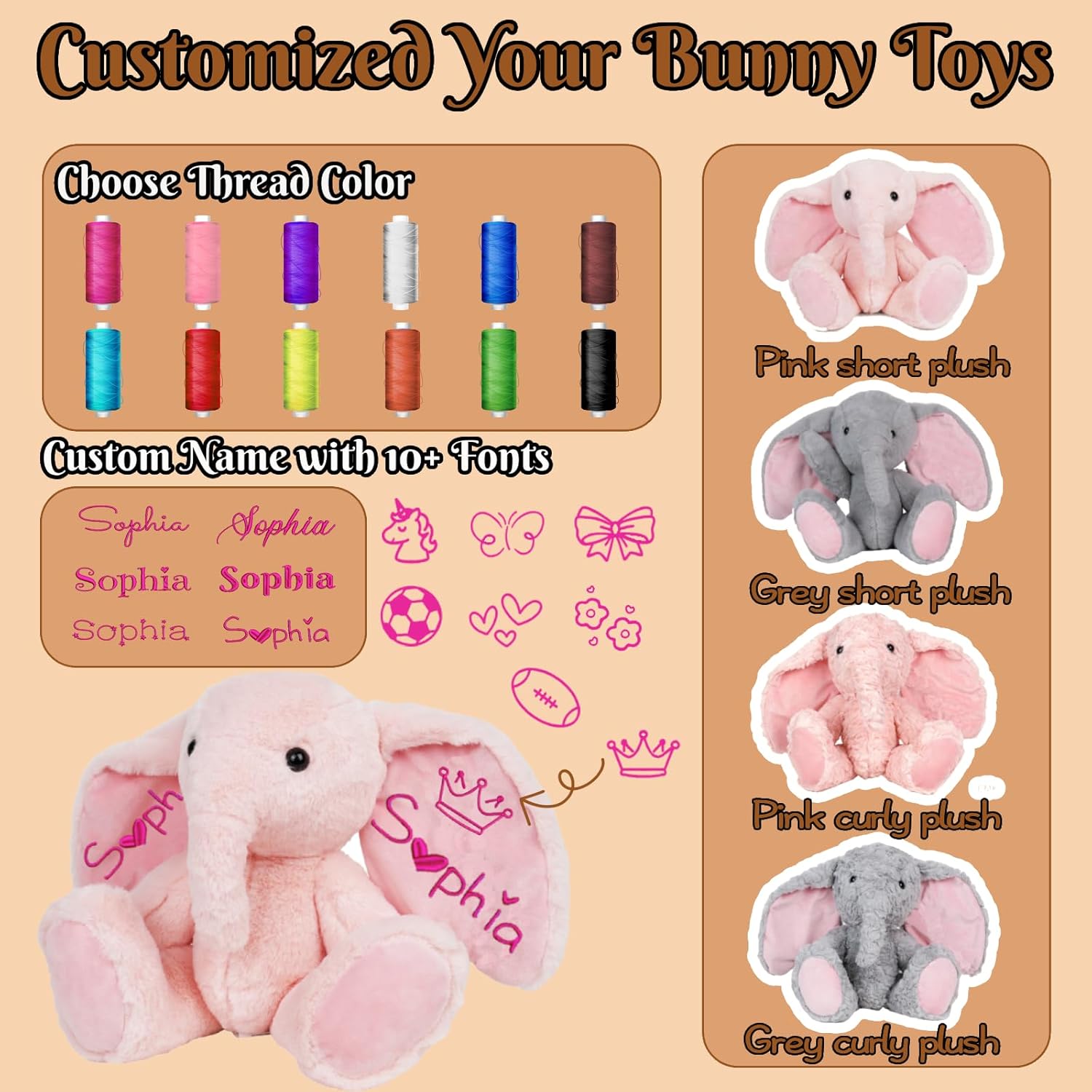BeneCharm Personalized Elephant Plush Stuffed Animal with Embroideried Name Custom Toddler Stuffed Elephants Doll Kids Plush Toys Personalized Baby Girls Boys Newborn Birthday (Elephant) - Image 3