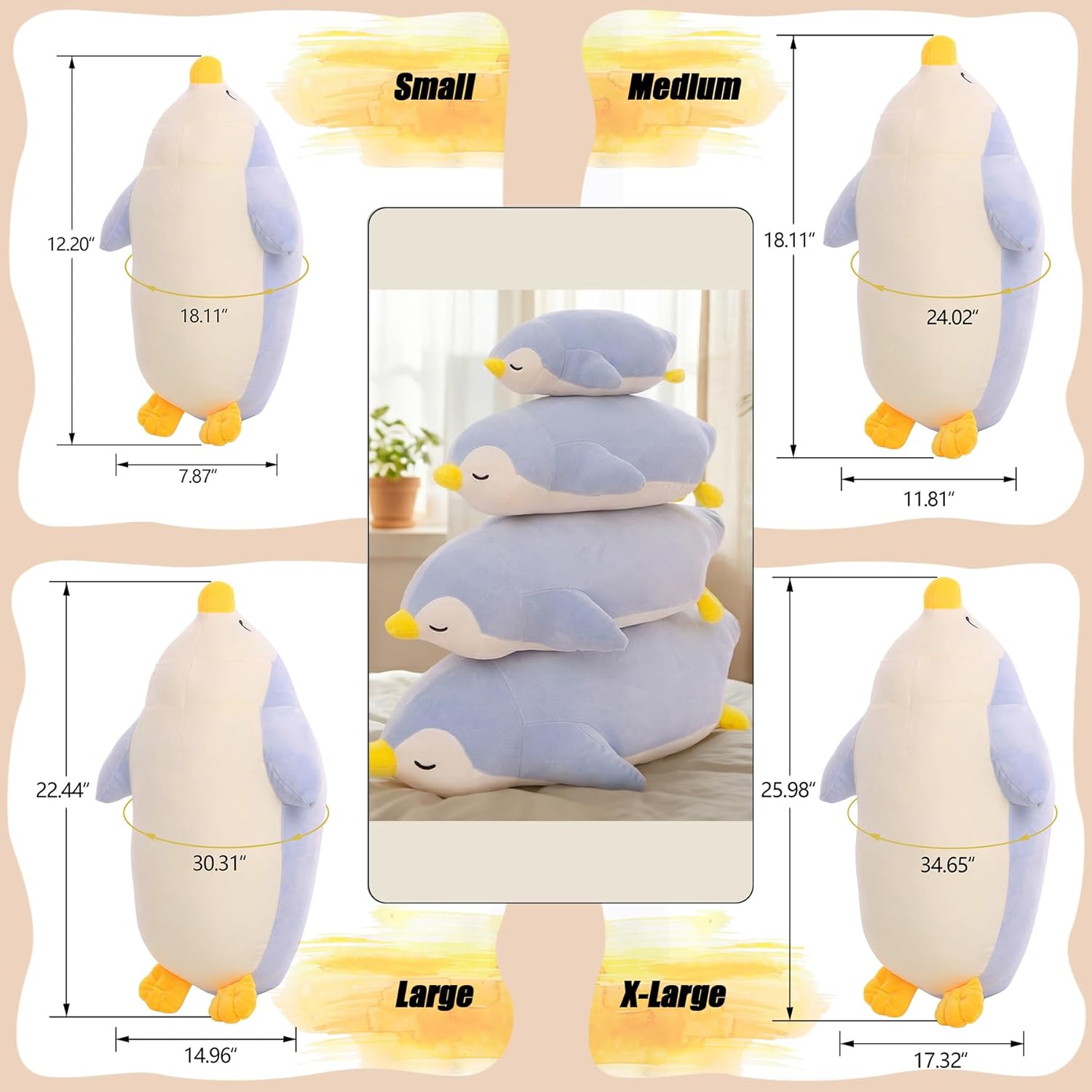 DENTRUN Penguin Stuffed Animals Bulk, Cute Penguin Plush Doll Play Toys for Kids Girls Boys Adults Birthday Xmas Halloween Present Adorable Soft Plushies, 12.20/18.11/22.44/25.98 Inchs, Blue, Black - Image 4