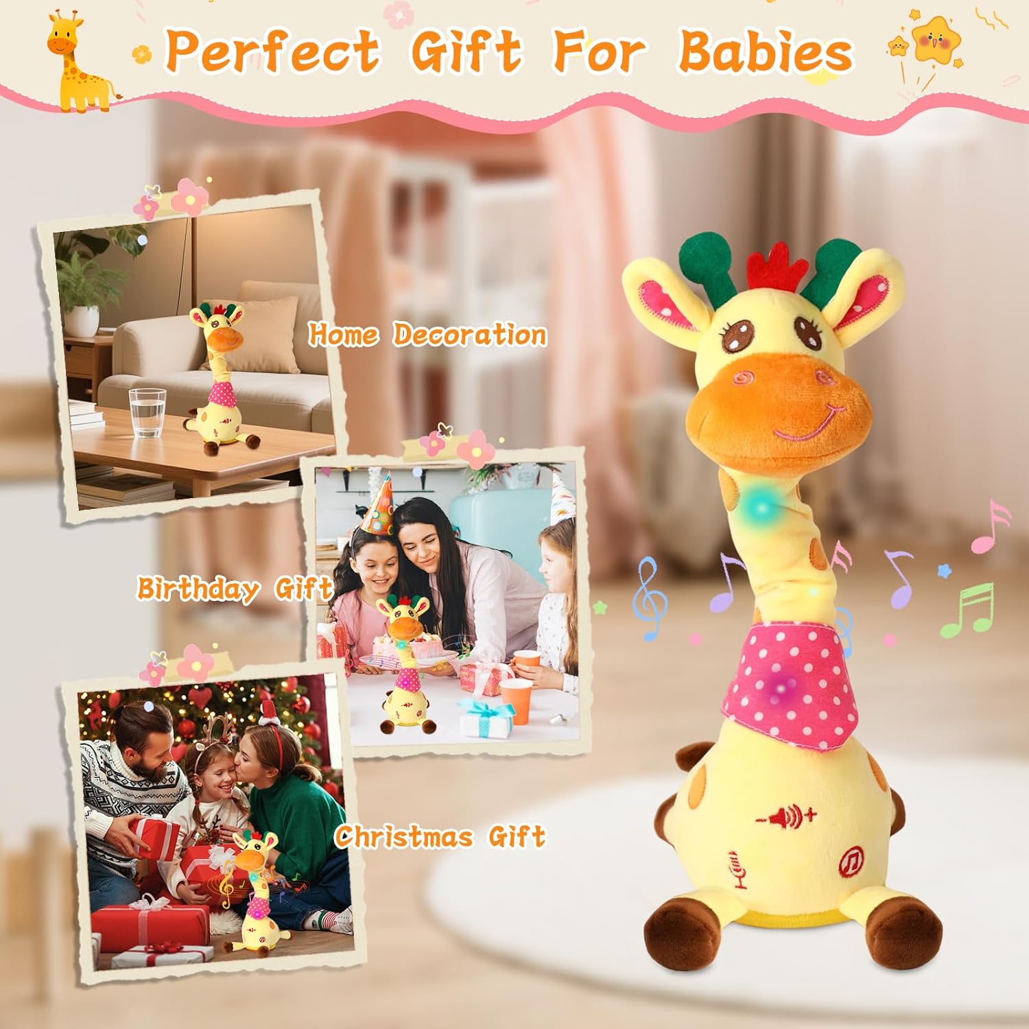 Dancing Giraffe Toy Stuffed Animal Toddlers Gifts for Baby Toys Singing Song Toddlers Toy Repeats What You Say Glowing Musical Toy for Baby Birthday Gift Groovy Giraffe Toy - Image 2