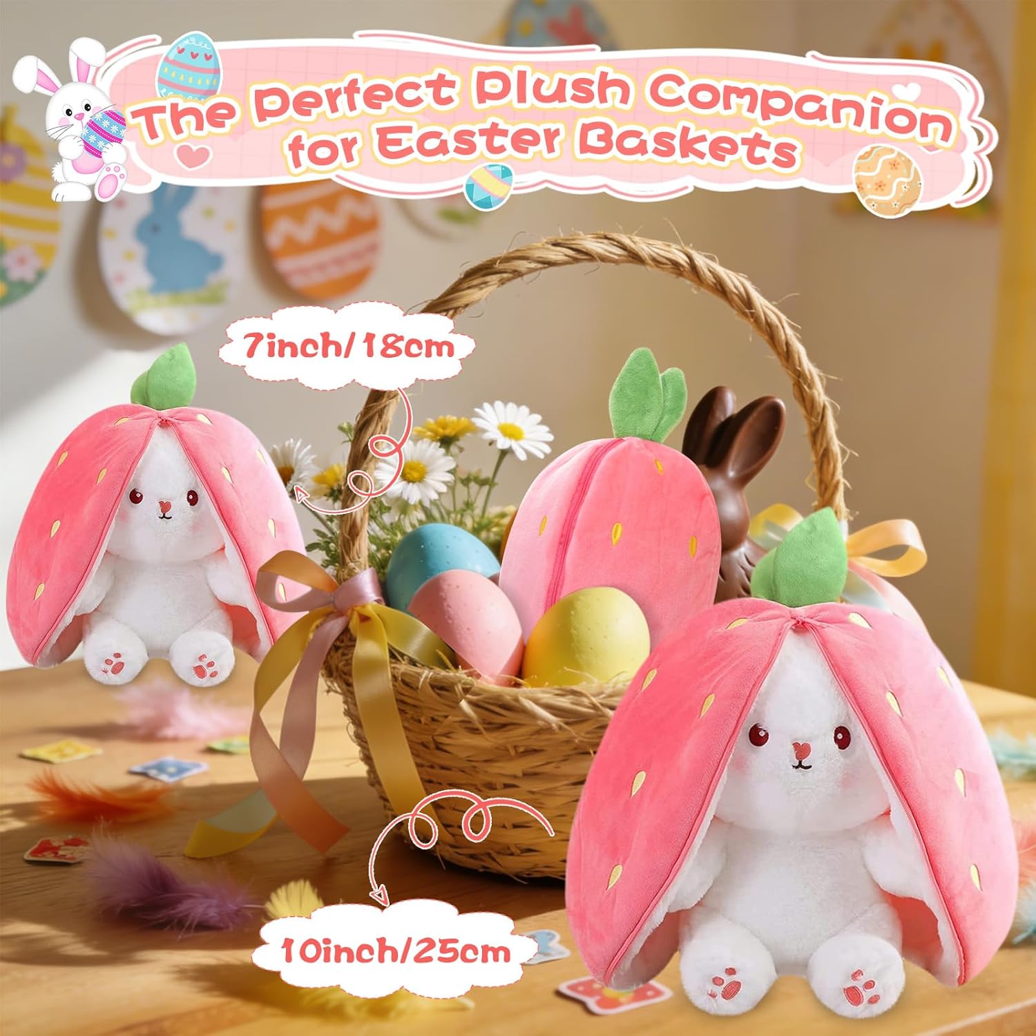 MIAODAM Bunny Stuffed Animal Reversible Cuddle Bunny Stuffed,Strawberry Bunny Transformed Rabbit Plush Zipper,Turns Into Ears Bunnies Plushies Toy Cute Stuffy Doll Easter - Image 4