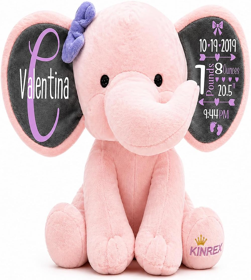 Personalized Elephant Stuffed Animal - Custom Birth Stats Announcement Stuff Elephants Animals for Babies, Baby Shower, Boy, Girl, Newborn, Customized Keepsake Plush Bear Gifts, Pink 9 Inches